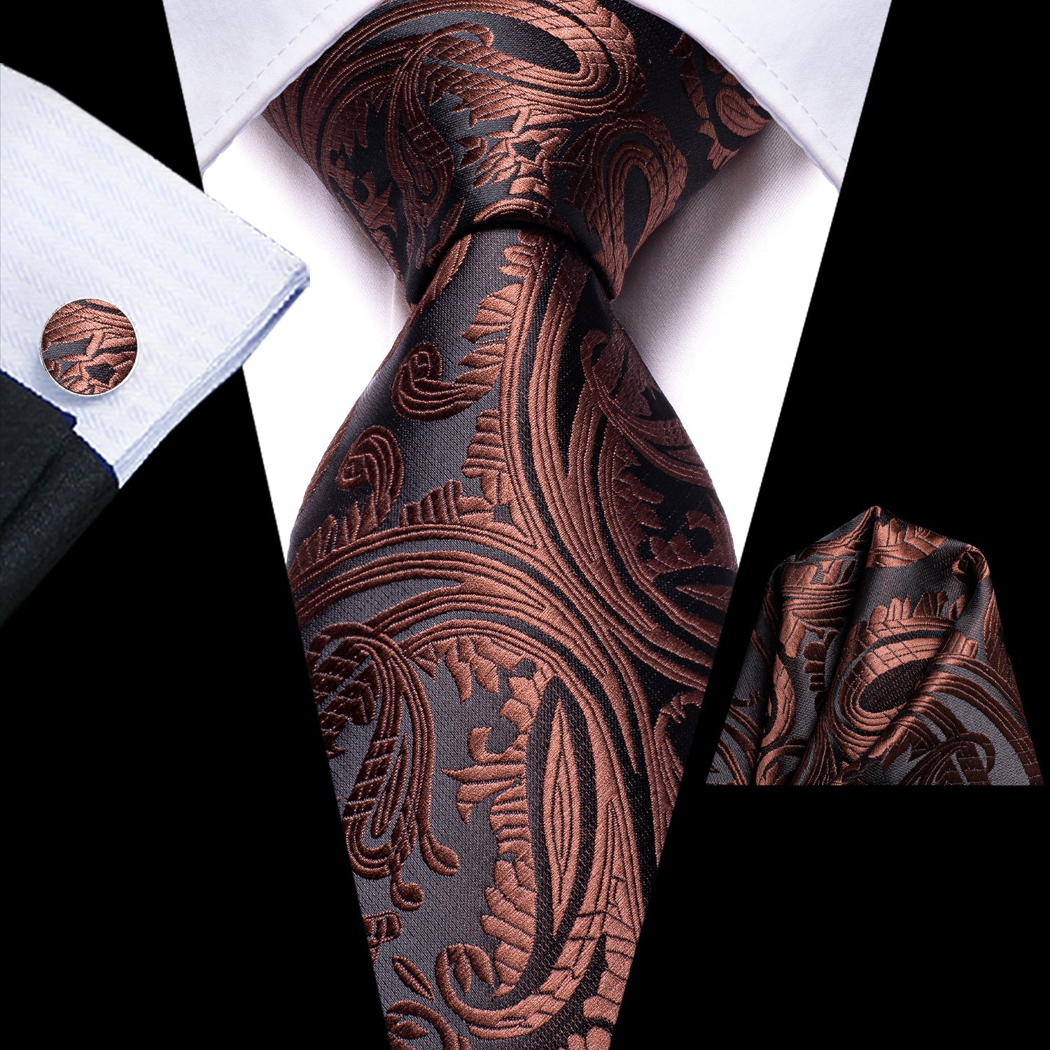 New Brown Black Paisley Tie Pocket Square Cufflinks Set