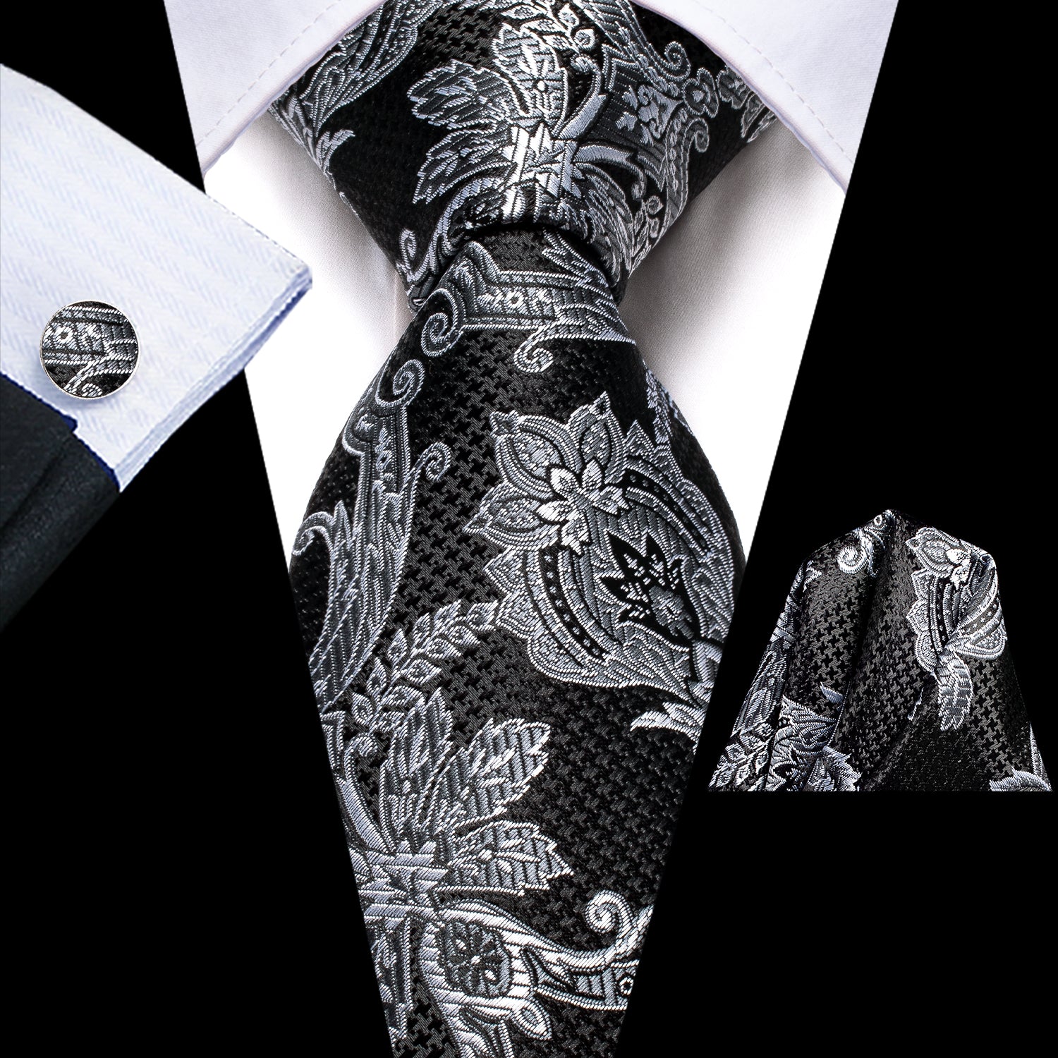 New Black White Floral Tie Pocket Square Cufflinks Set