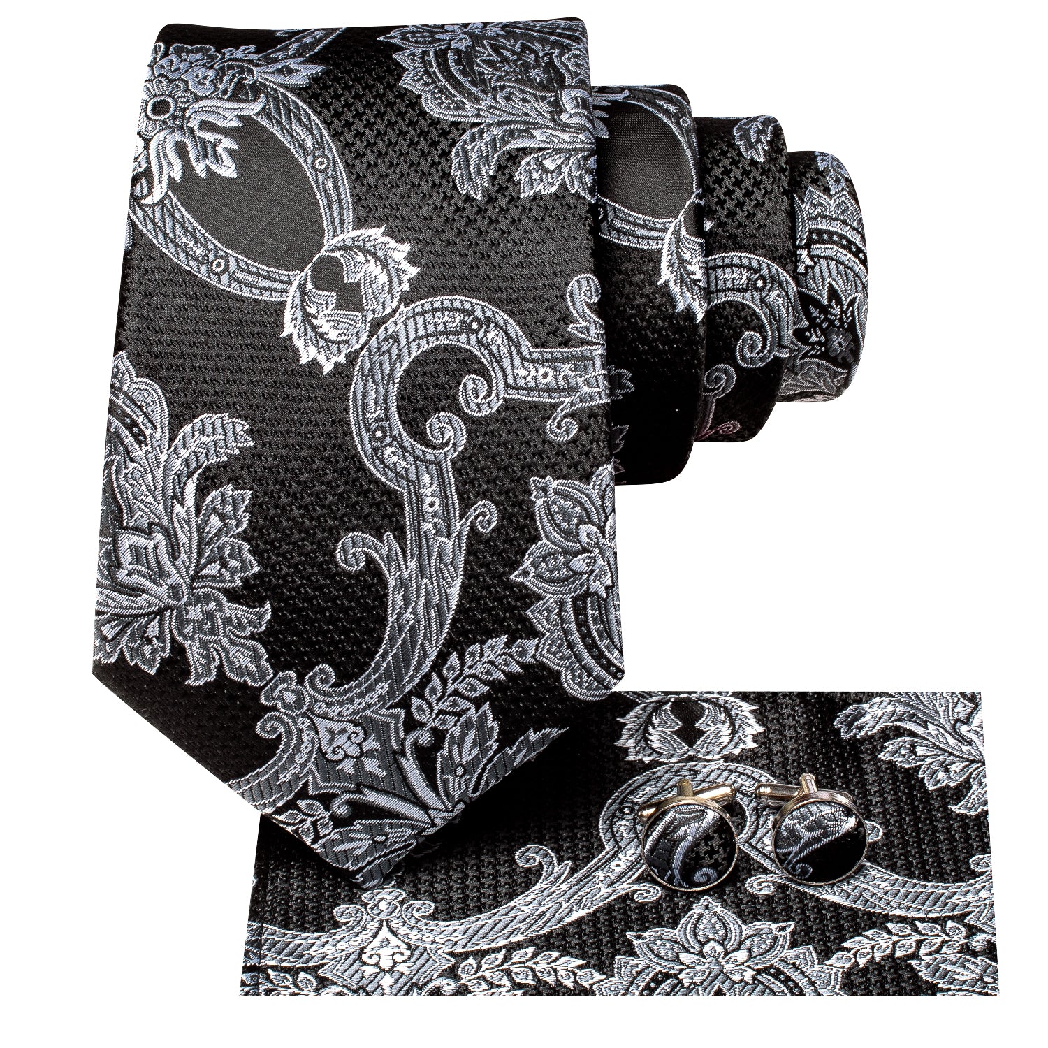 New Black White Floral Tie Pocket Square Cufflinks Set