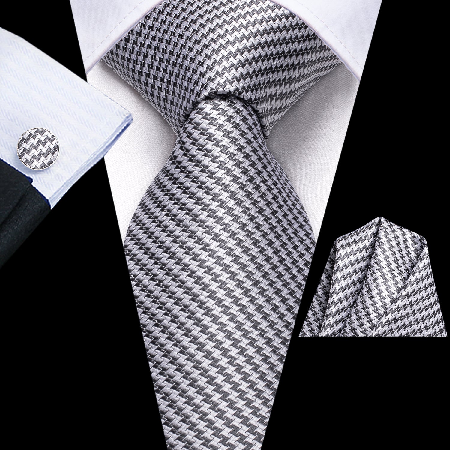 New Grey White Sawtooth Tie Pocket Square Cufflinks Set