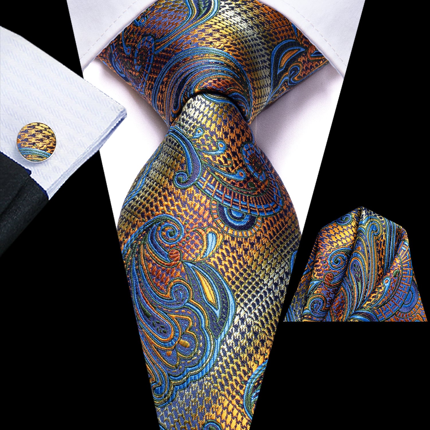 New Golden Blue Sawtooth Tie Pocket Square Cufflinks Set