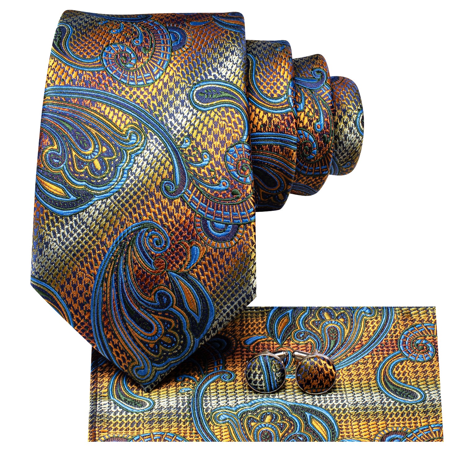 New Golden Blue Sawtooth Tie Pocket Square Cufflinks Set