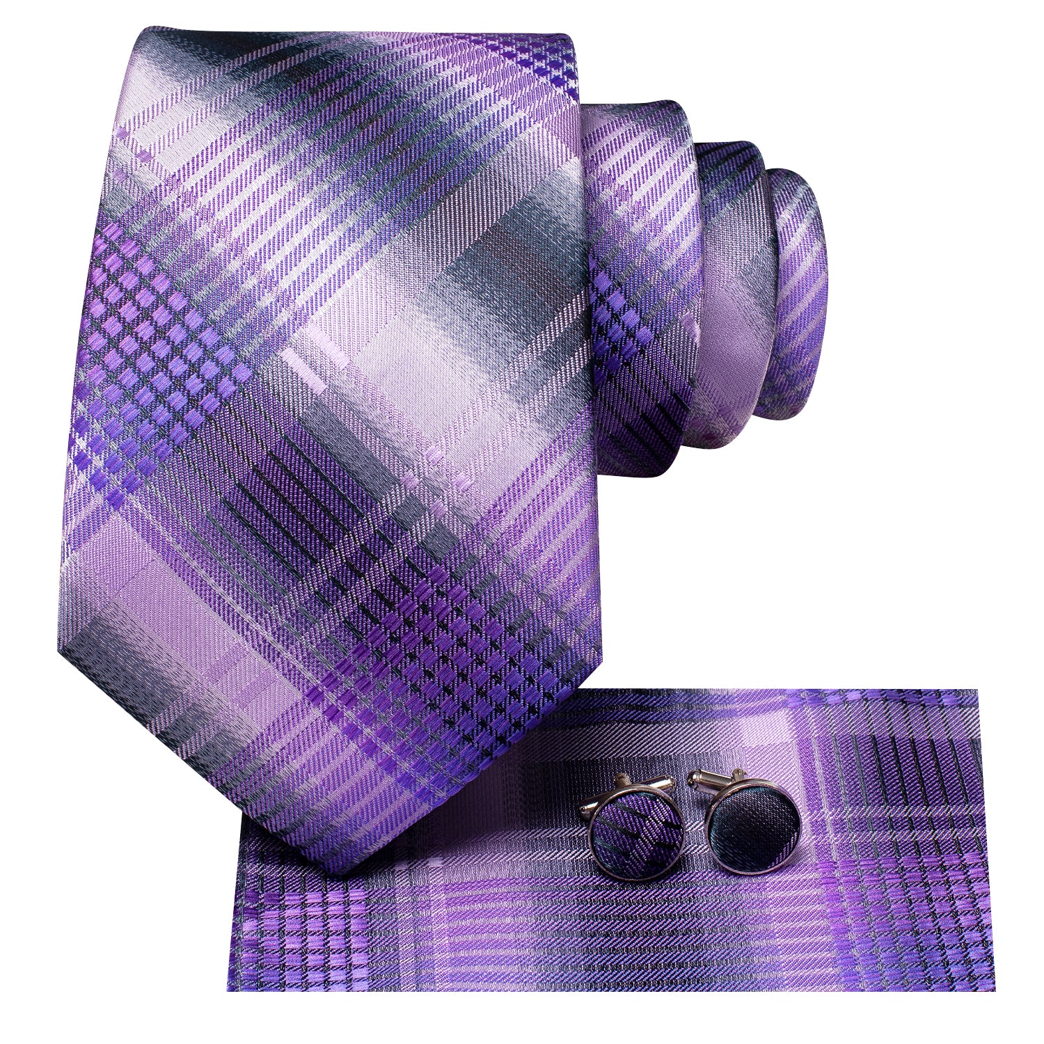 New Purple Grey Strip Tie Pocket Square Cufflinks Set