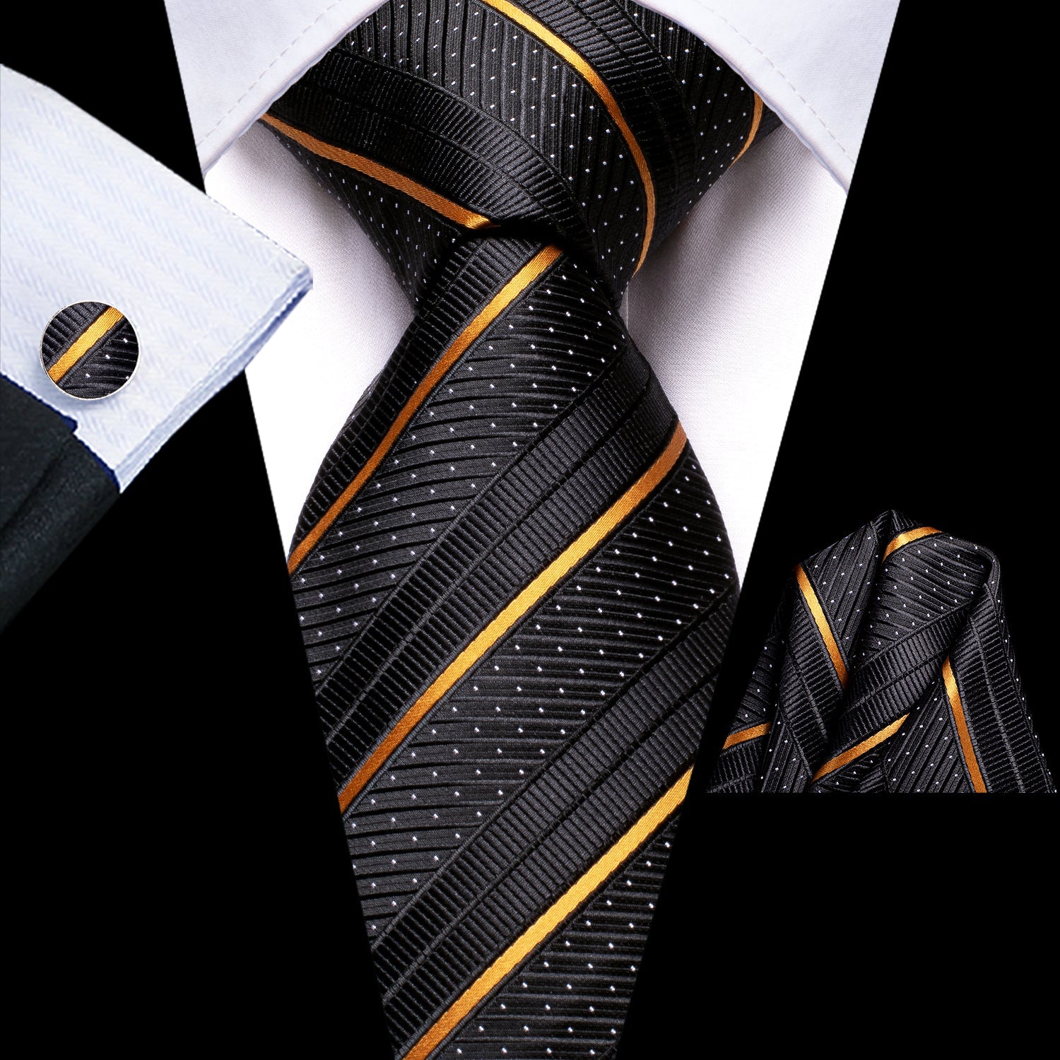 New Black Golden Striped 70 Inches Extra Long Novelty Tie Pocket Square Cufflinks Set