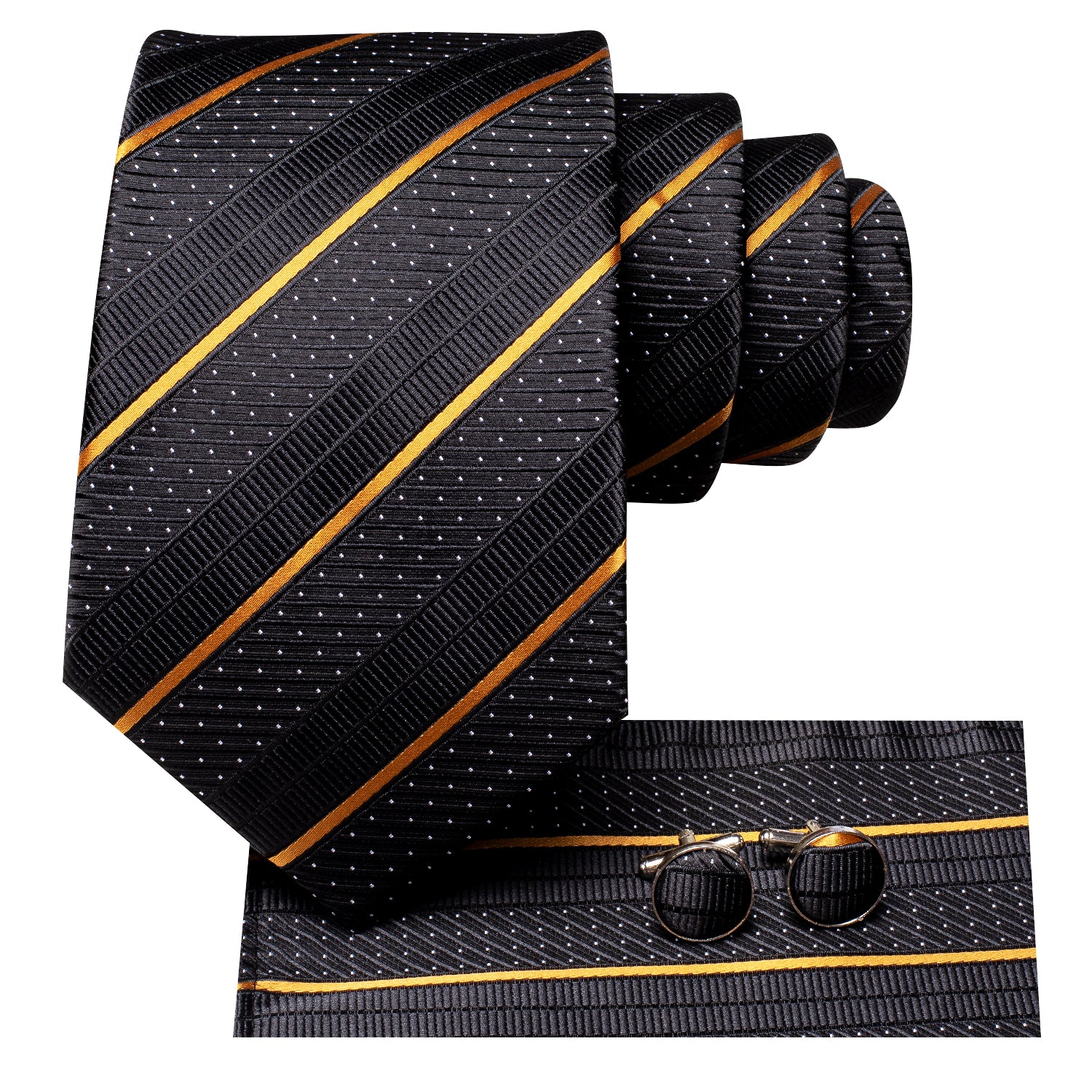 New Black Golden Striped Novelty Tie Pocket Square Cufflinks Set