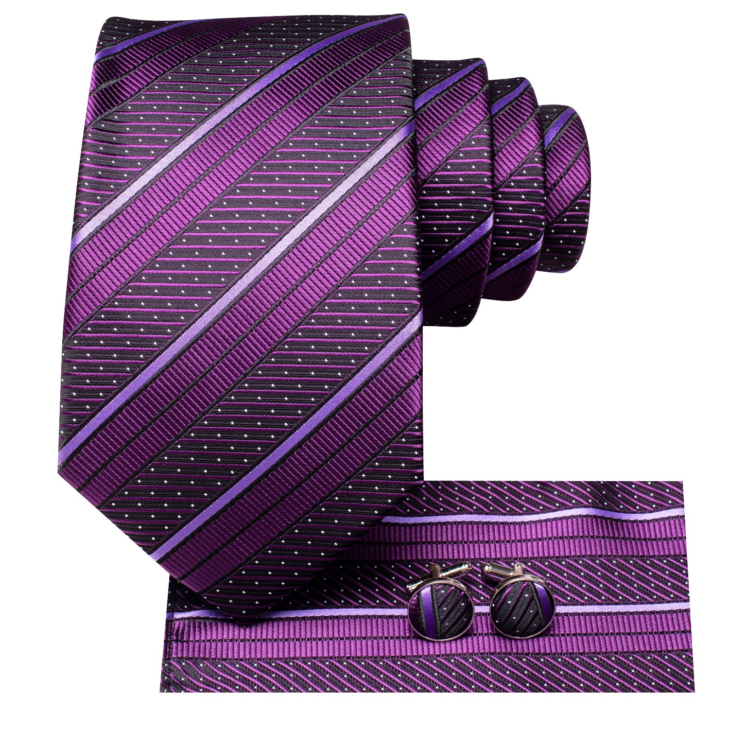 New Purple White Strip Tie Pocket Square Cufflinks Set