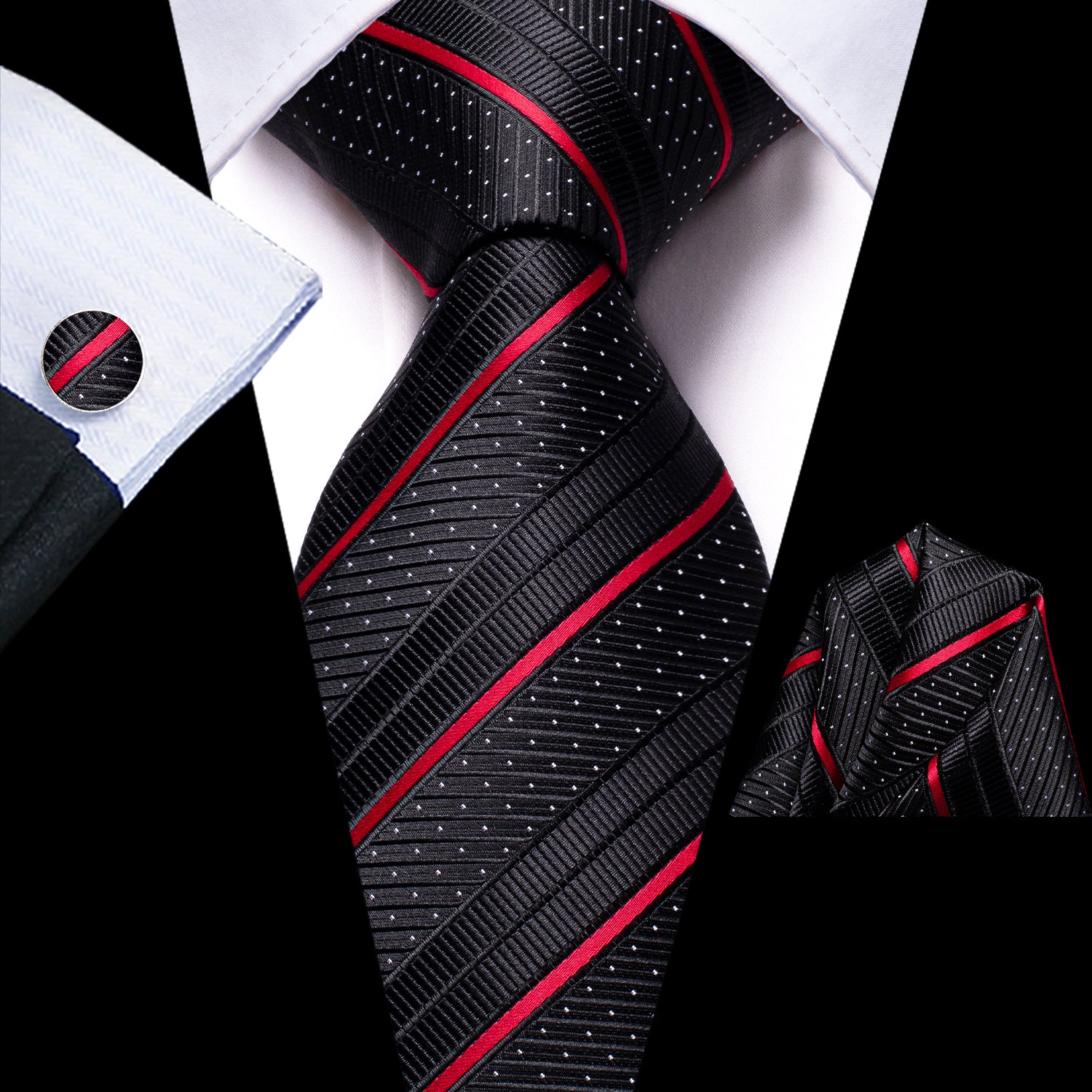 Black Red Strip Tie Pocket Square Cufflinks Set