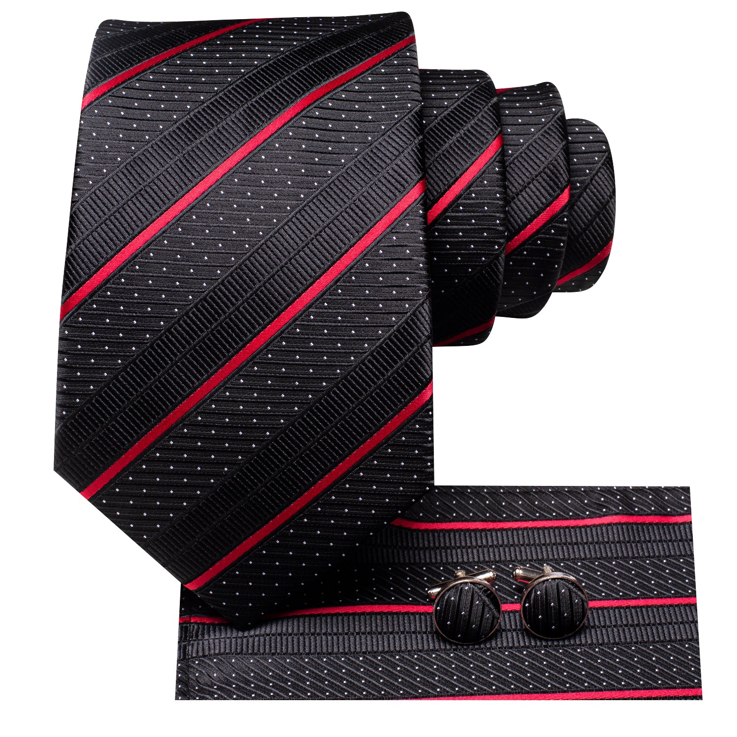 Black Red Strip Tie Pocket Square Cufflinks Set