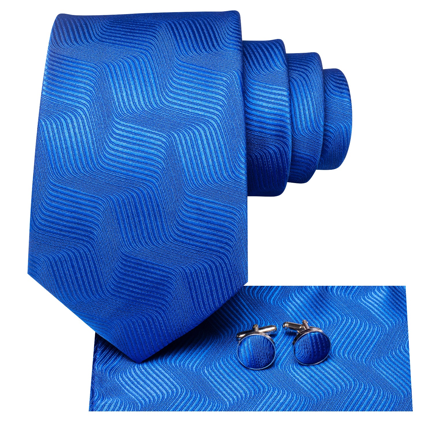 New Royal Blue Strip Novelty Tie Pocket Square Cufflinks Set