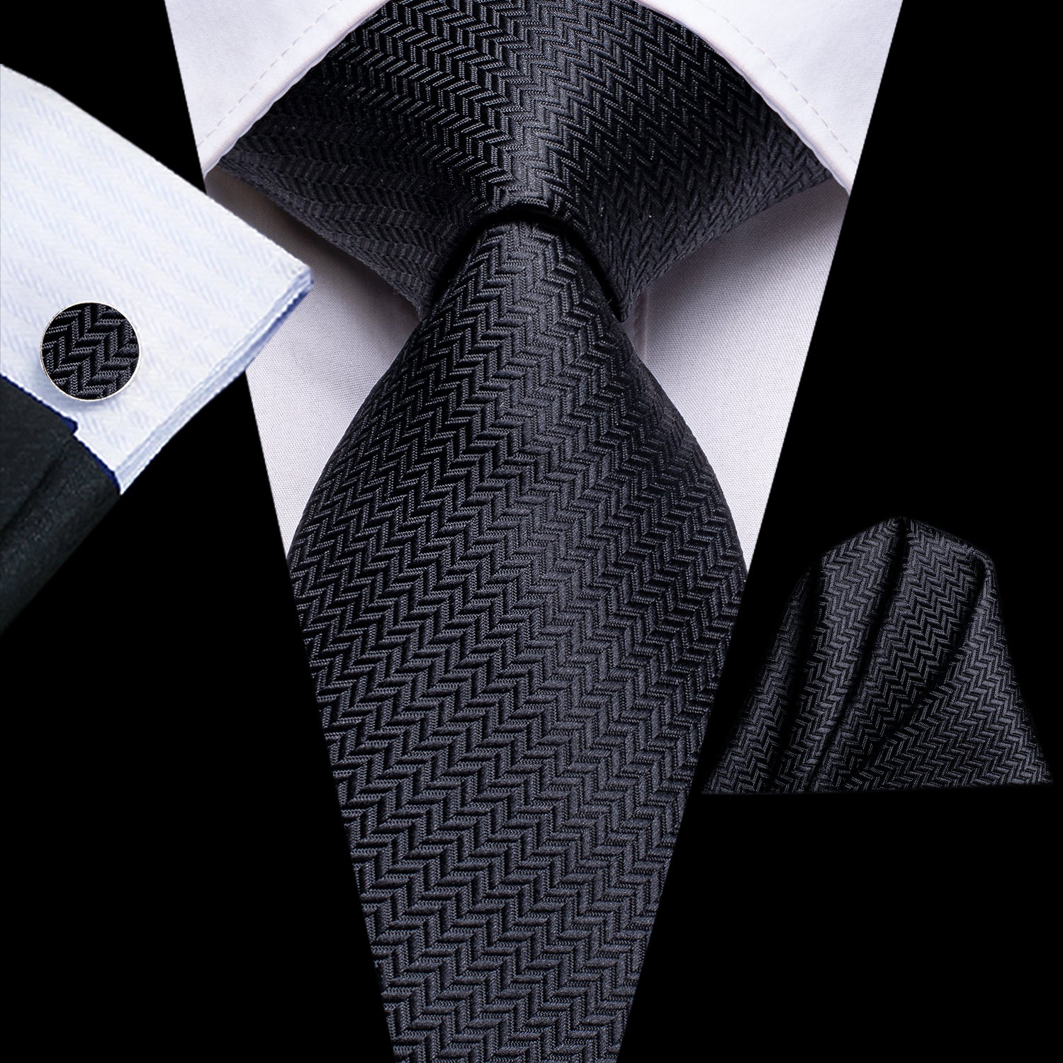 New Black Woven Striped Necktie Pocket Square Cufflinks Set