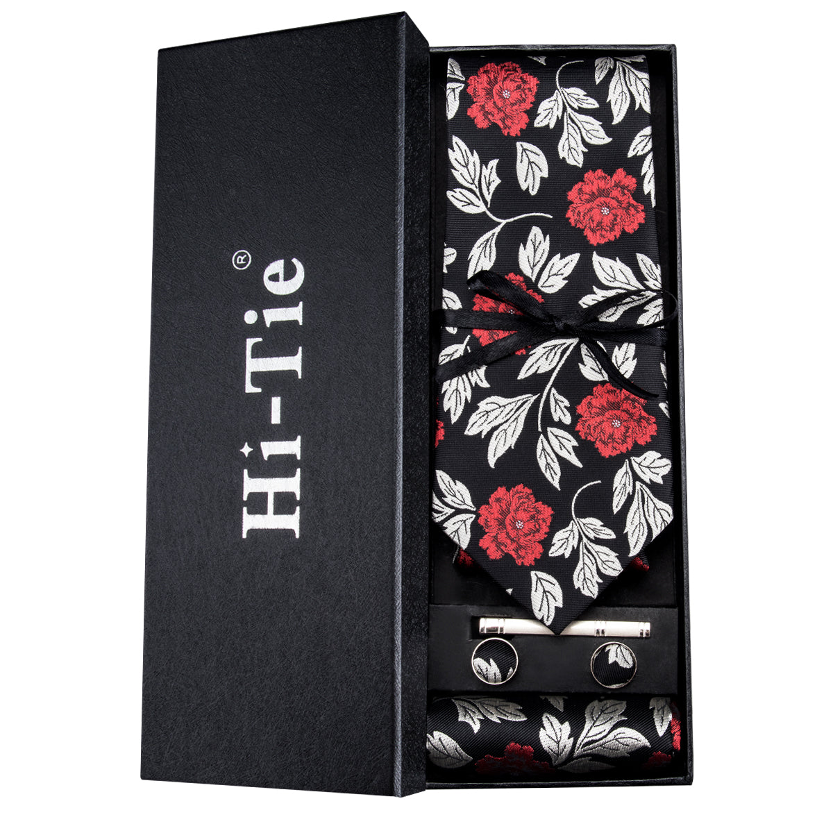 Silver Red Black Floral Men's Tie Pocket Square Cufflinks Gift Box Set
