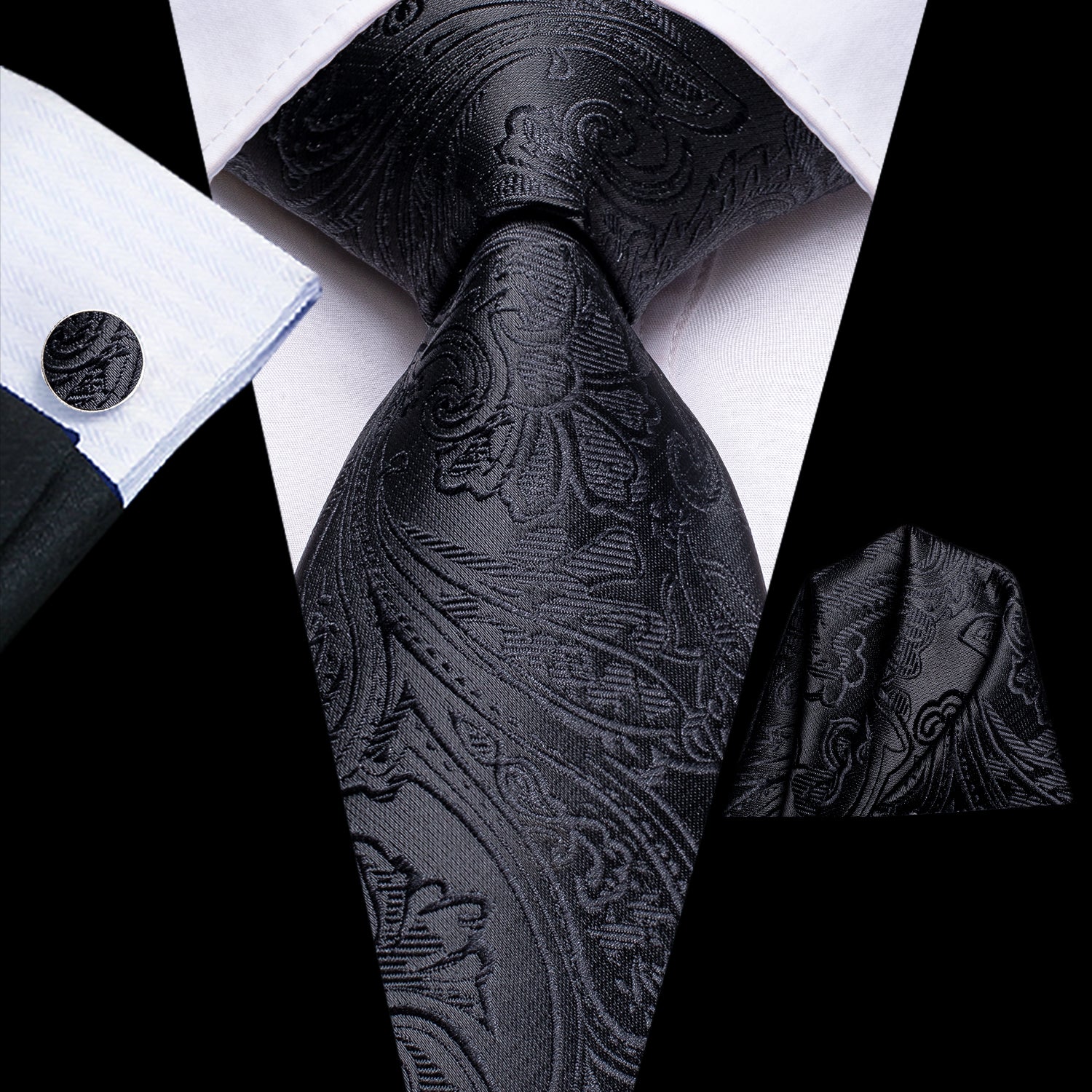 New Black Paisley Silk Men's Necktie Pocket Square Cufflinks Set