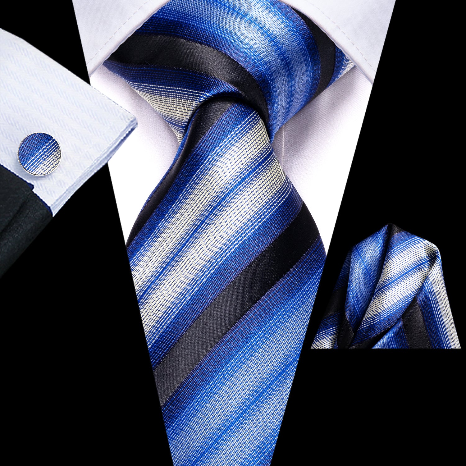 Blue Beige Black Strip Tie Pocket Square Cufflinks Set