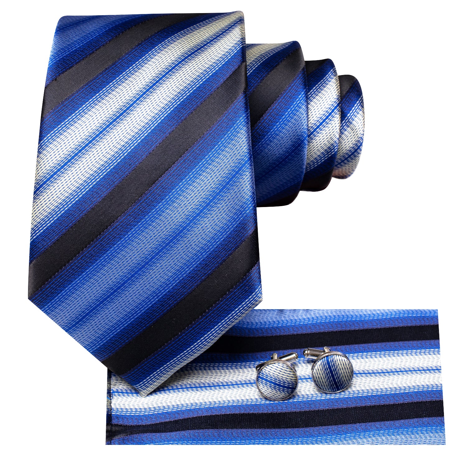 New Blue Beige Black Strip Tie Pocket Square Cufflinks Set