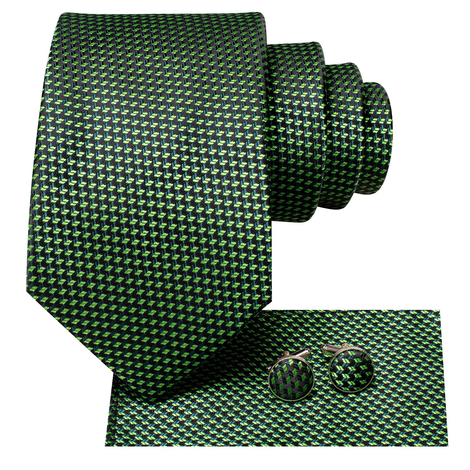 New Dark Green Plaid Tie Pocket Square Cufflinks Set