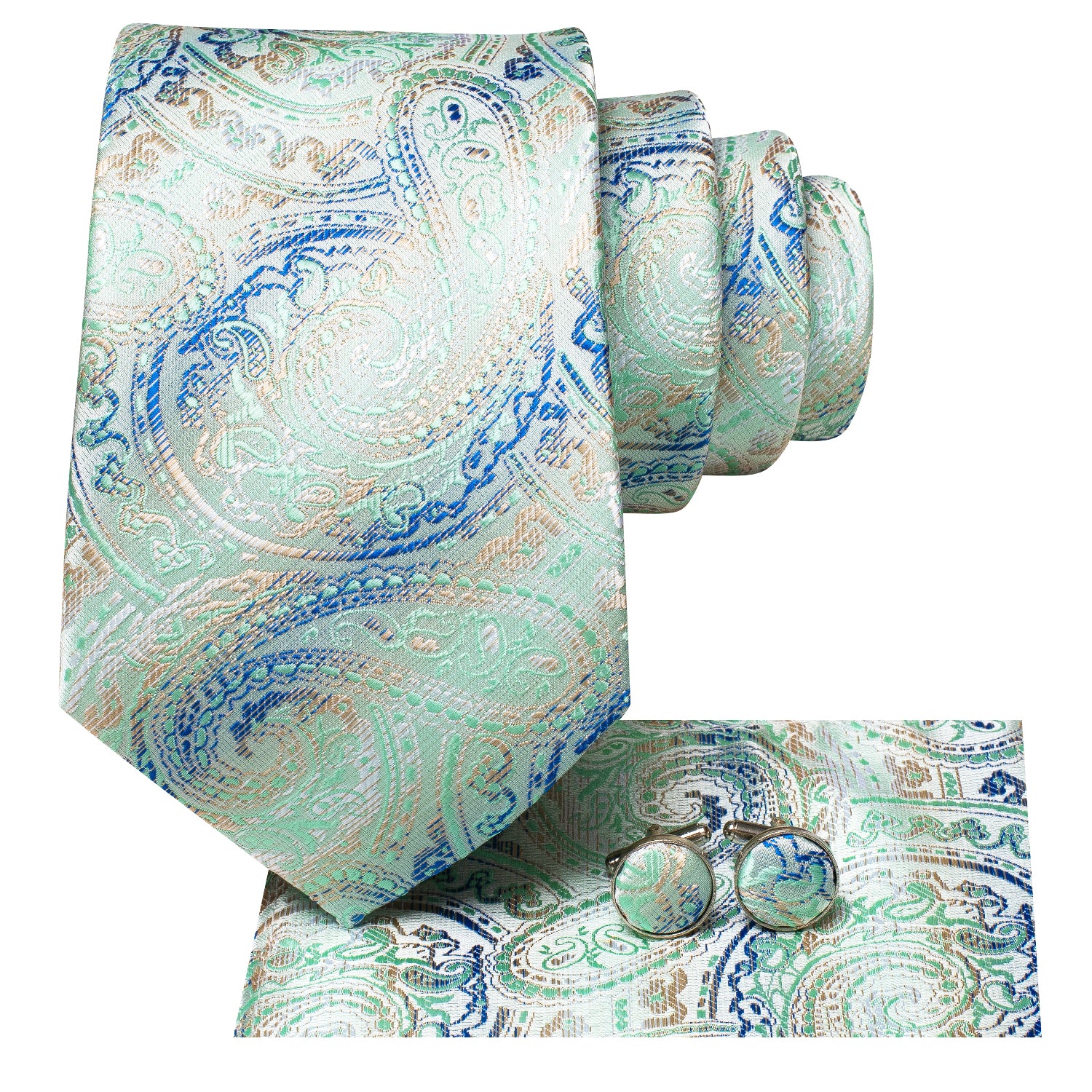 Mint Green Blue Paisley Tie Pocket Square Cufflinks Set