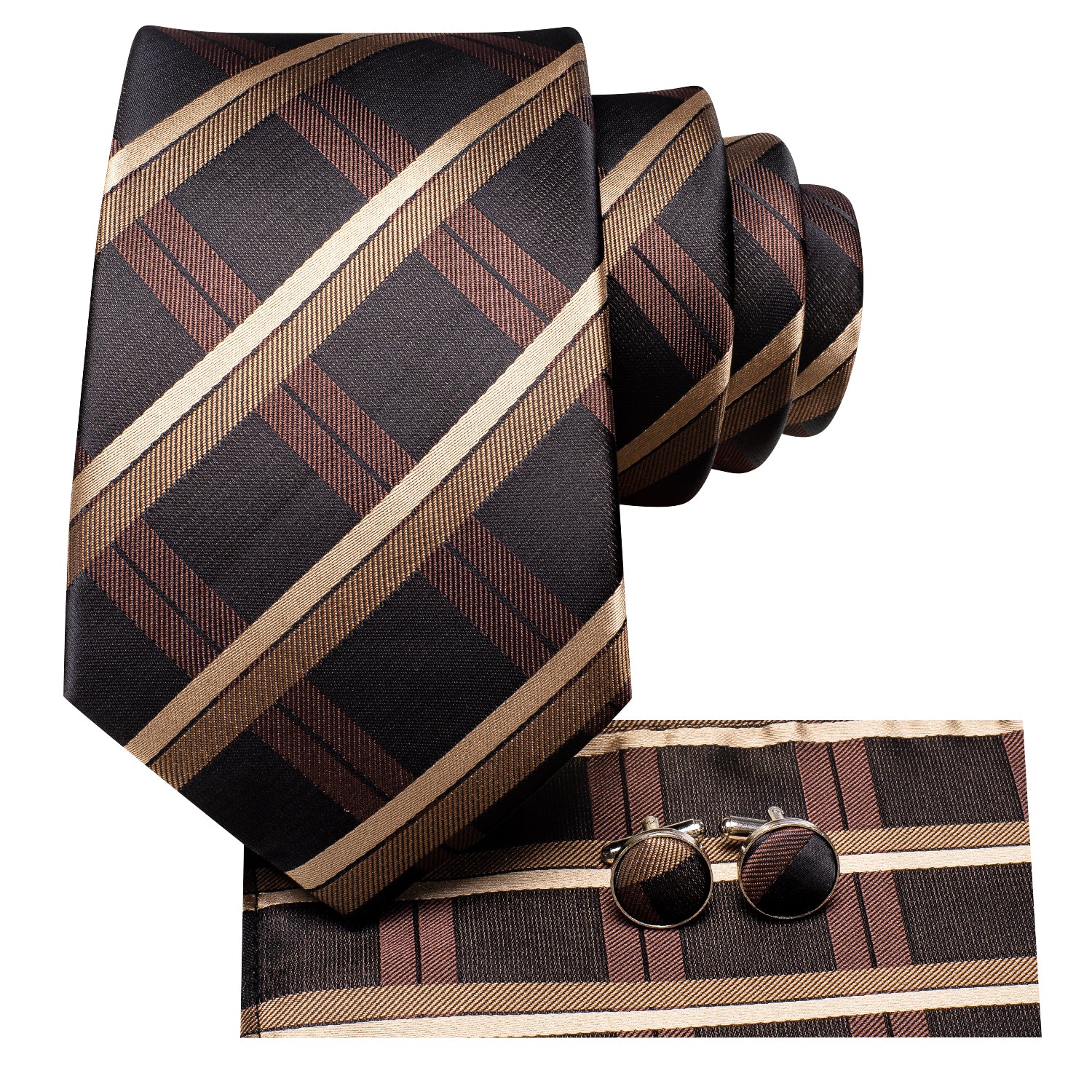 New Brown Champagne Plaid Tie Pocket Square Cufflinks Set
