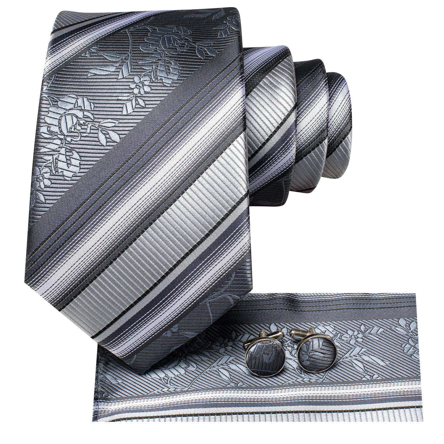 New Grey Strip Floral Tie Pocket Square Cufflinks Set