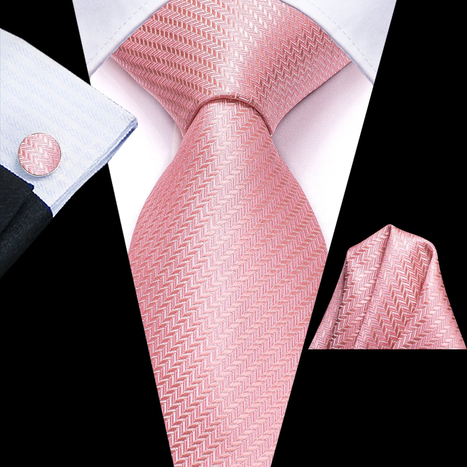 New Pink Strip Tie Pocket Square Cufflinks Set
