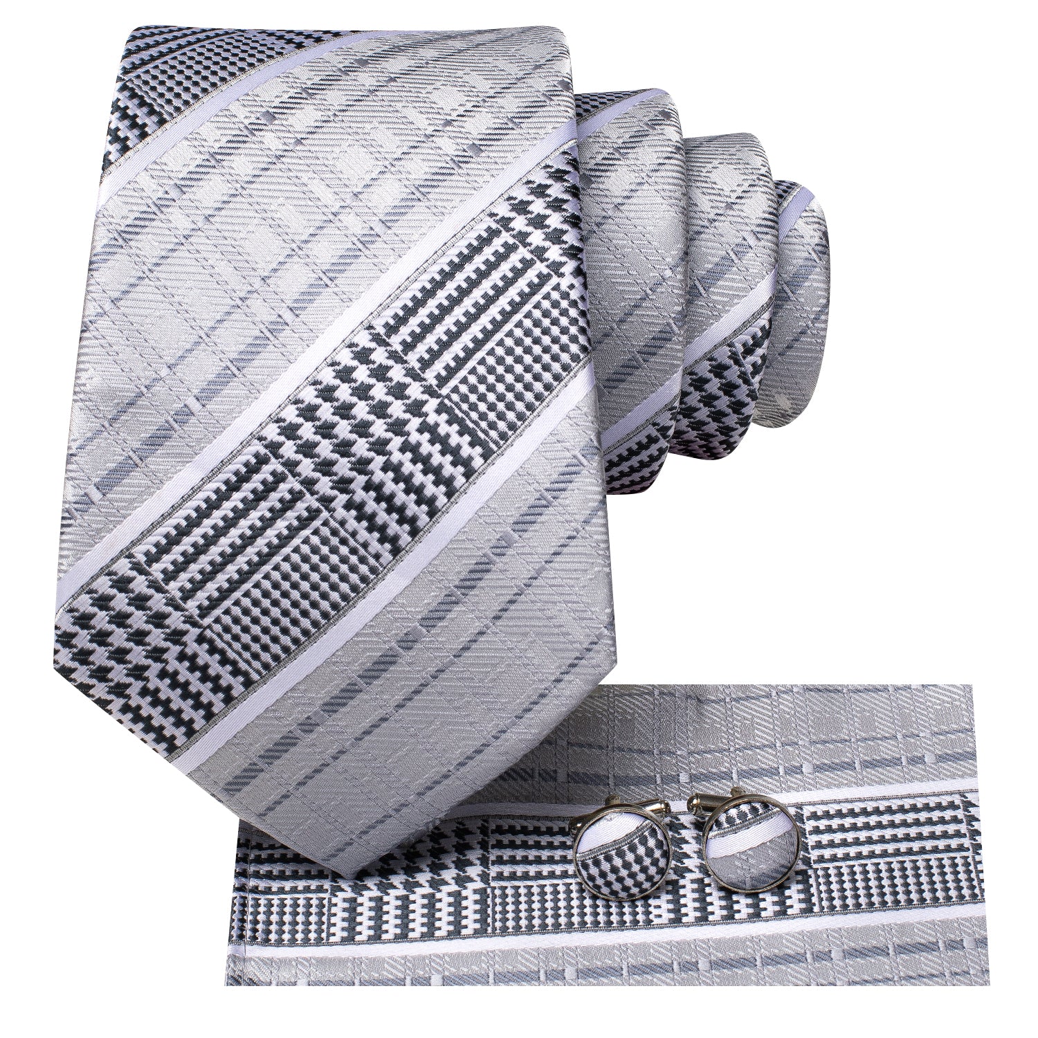 New Grey Black Strip Novelty Tie Pocket Square Cufflinks Set