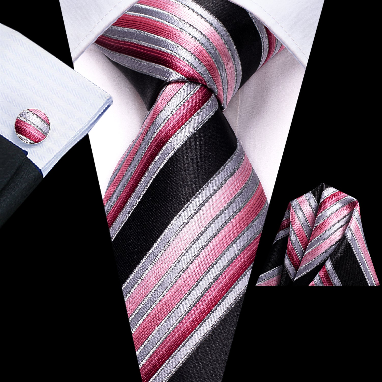 New Pink Grey Black Strip Tie Pocket Square Cufflinks Set