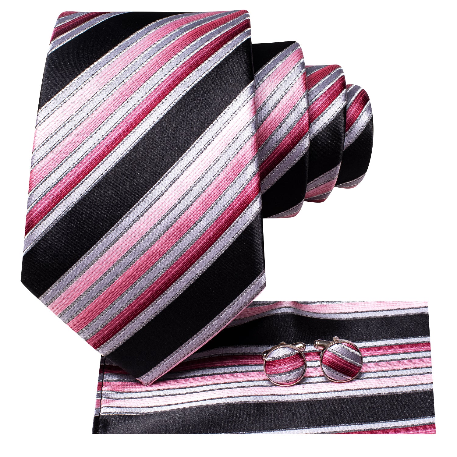 New Pink Grey Black Strip Tie Pocket Square Cufflinks Set