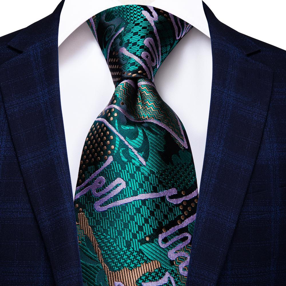 Black Green Graffiti Novelty Tie Handkerchief Cufflinks Set with Wedding Brooch