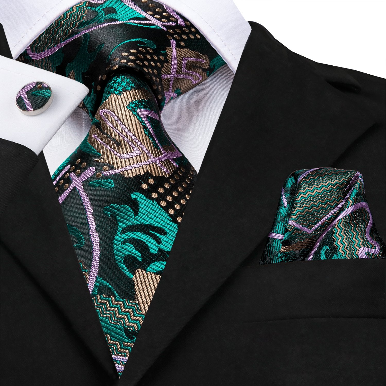 Black Green Graffiti Novelty Silk Tie Hanky Cufflinks Set