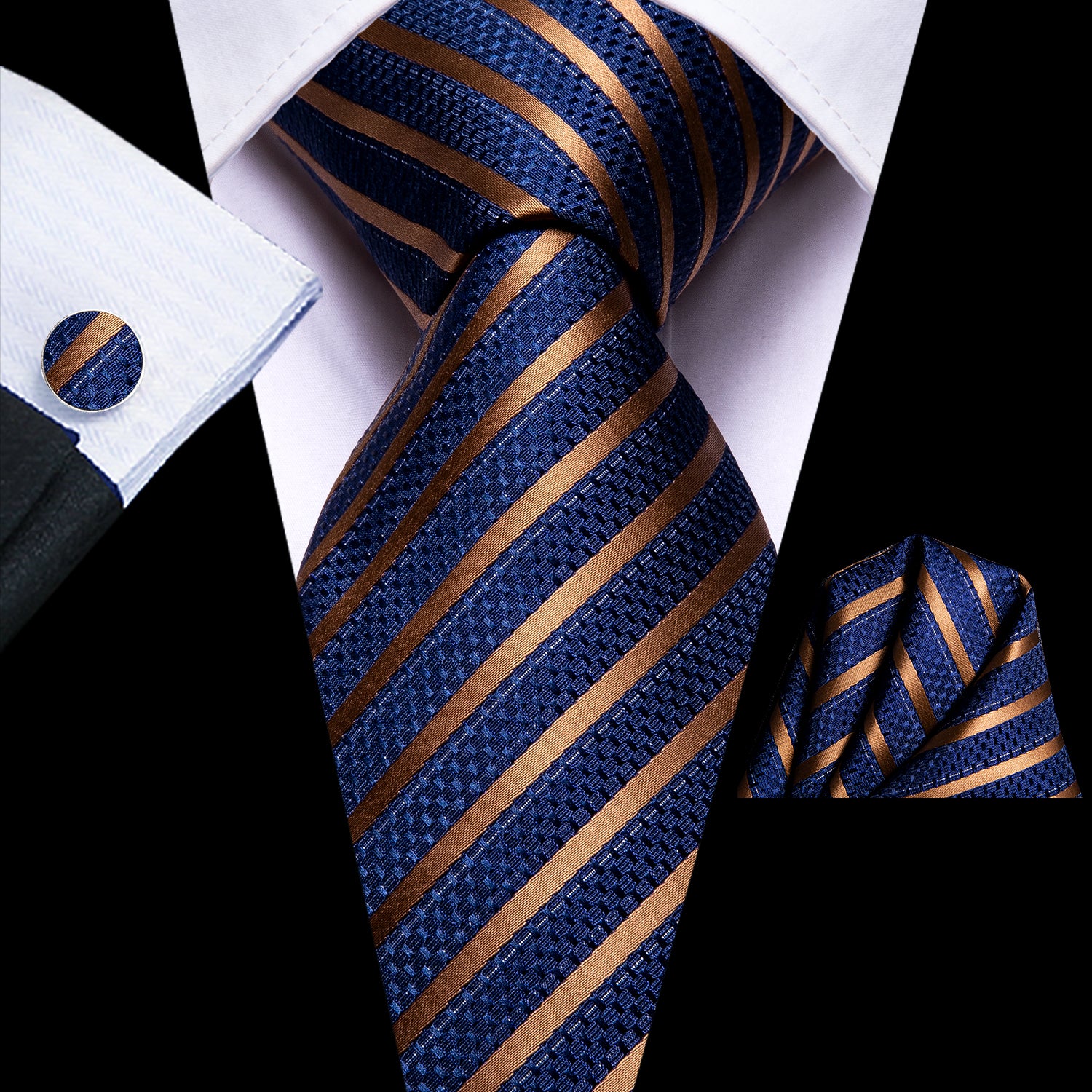 Blue Gold Striped Tie Pocket Square Cufflinks Set