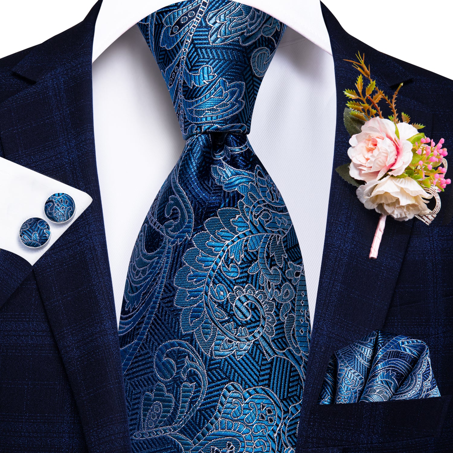 Blue Paisley Tie Handkerchief Cufflinks Set with Wedding Brooch