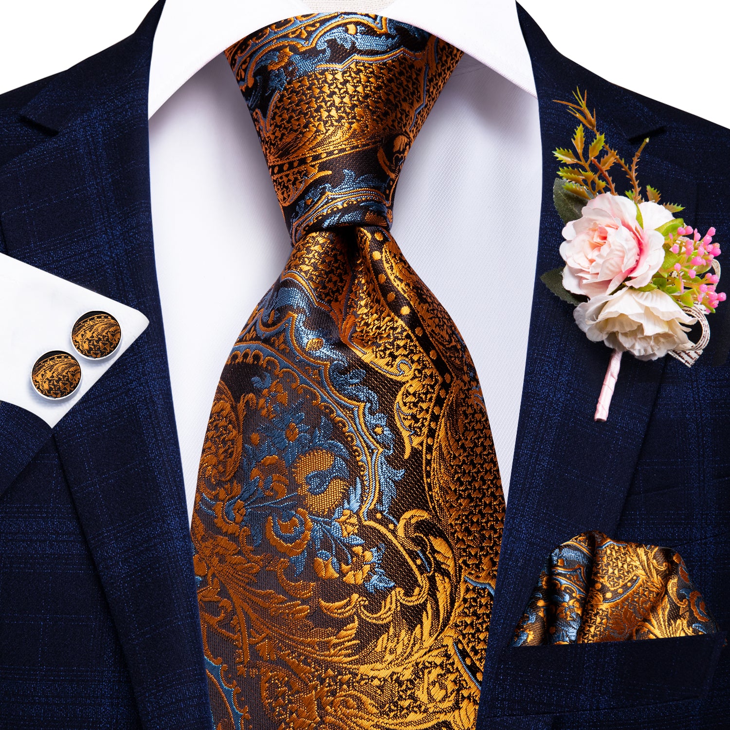 Gold Brown Paisley Tie Handkerchief Cufflinks Set with Wedding Brooch