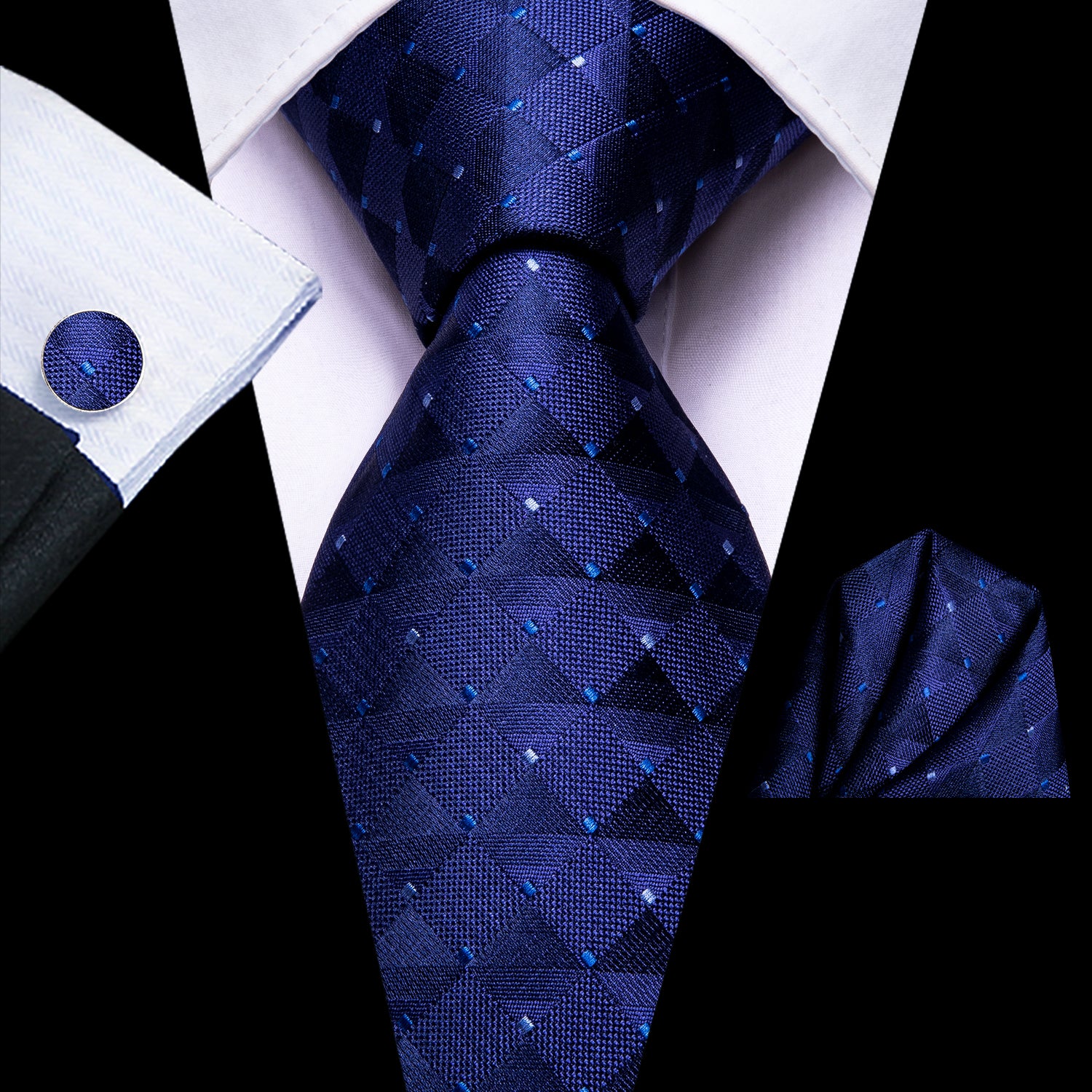 Royal Blue Plaid Tie Handkerchief Cufflinks Set with Wedding Brooch