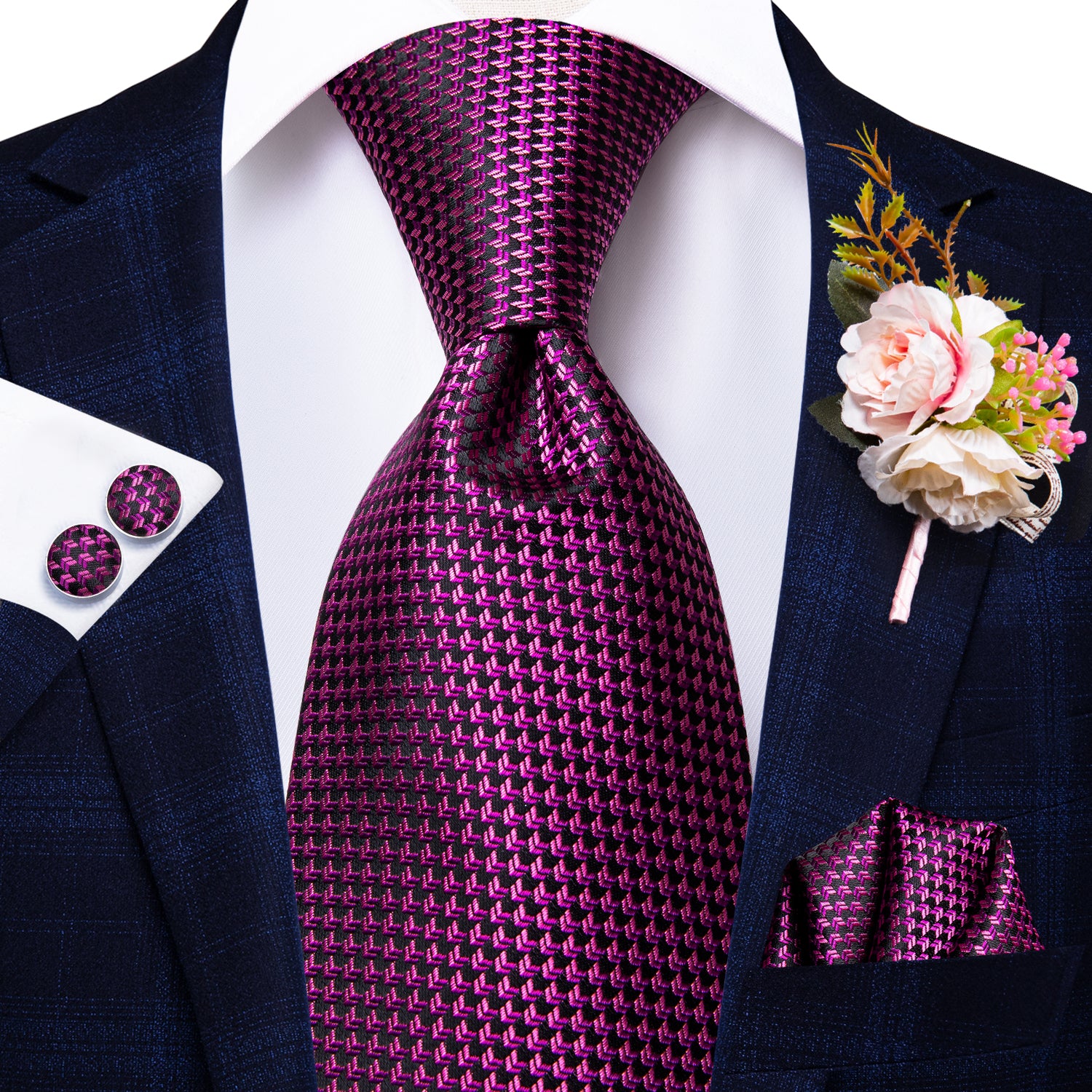 Purple Houndstooth Tie Handkerchief Cufflinks Set with Wedding Brooch