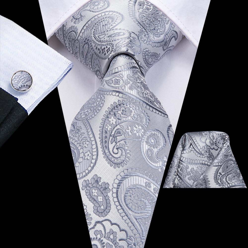 Essential Grey Paisley Tie Pocket Square Cufflinks Set