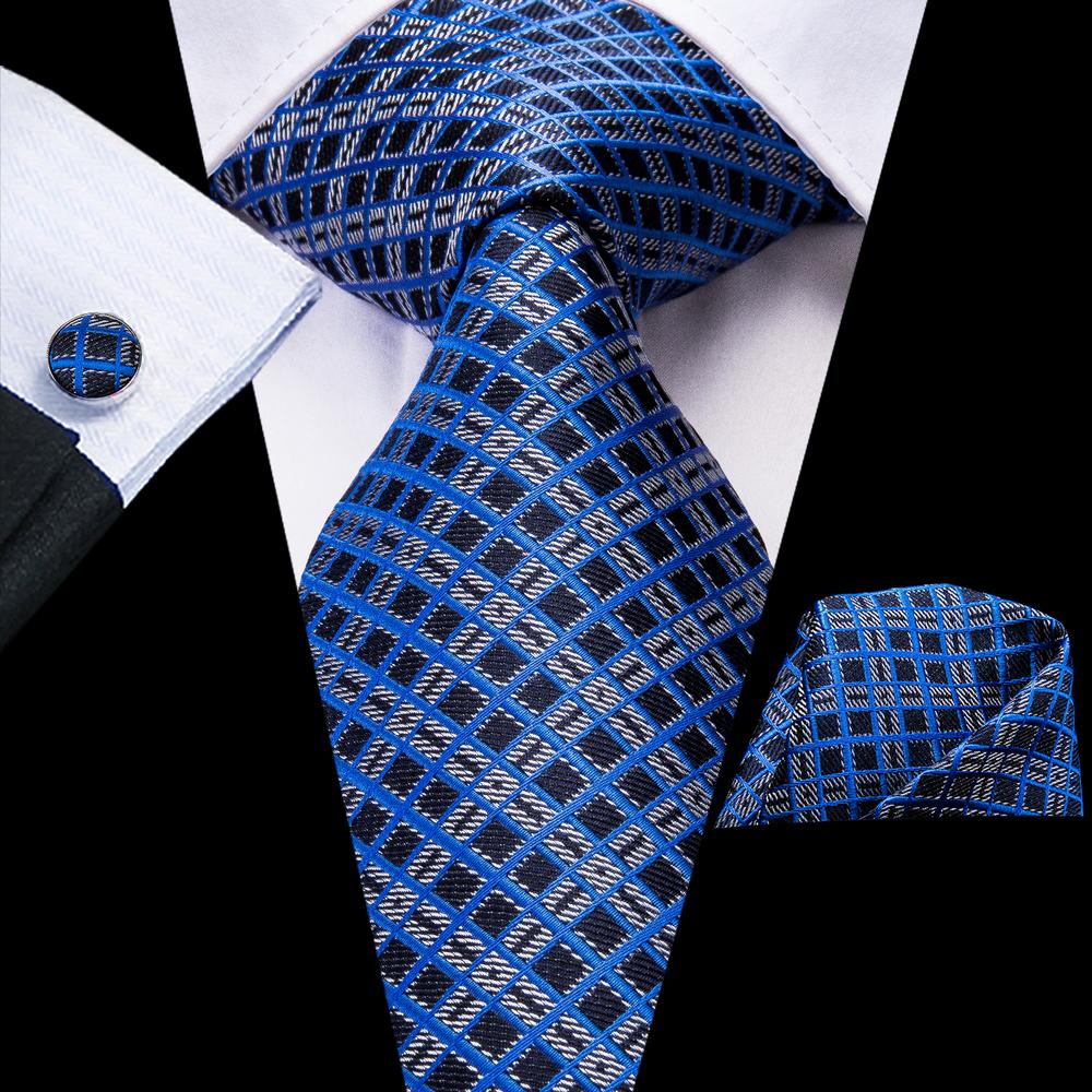 Blue Grey Black Plaid Silk Necktie Pocket Square Cufflinks Set