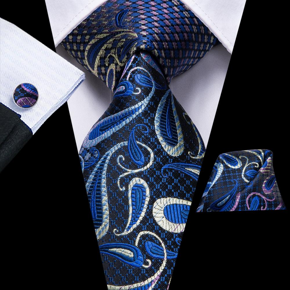 Blue Paisley Necktie Pocket Square Cufflinks Set