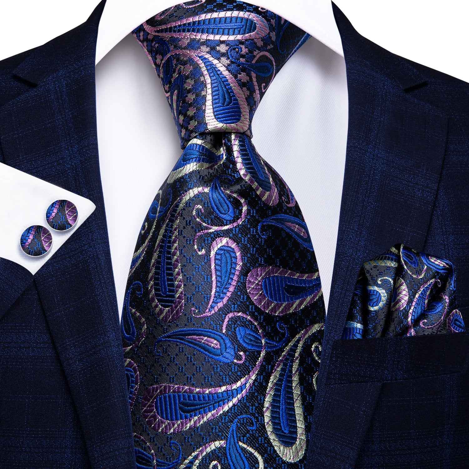 Blue Paisley Necktie Pocket Square Cufflinks Set with Collar Pin