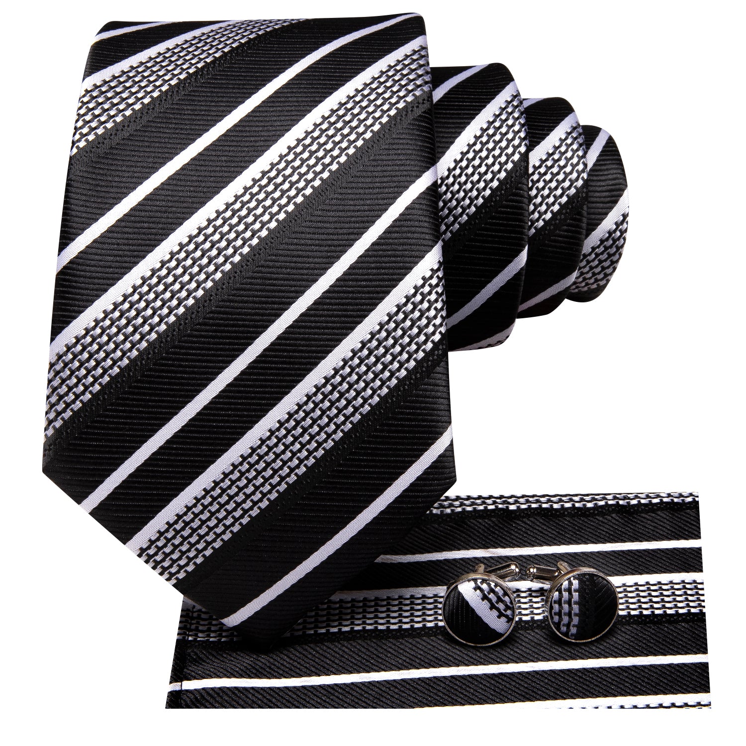 New Black White Strip Necktie Pocket Square Cufflinks Set