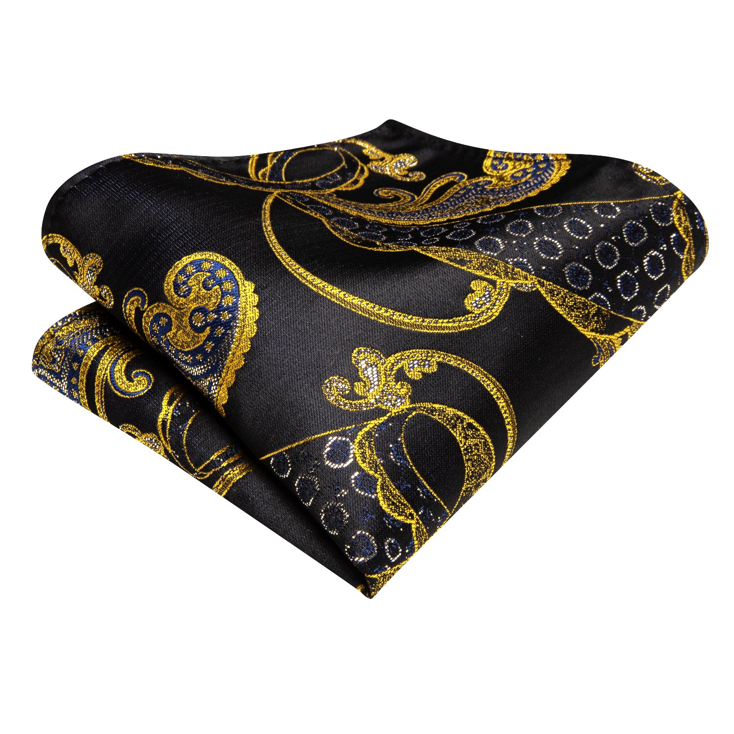New Black Golden Blue Floral Necktie Pocket Square Cufflinks Set
