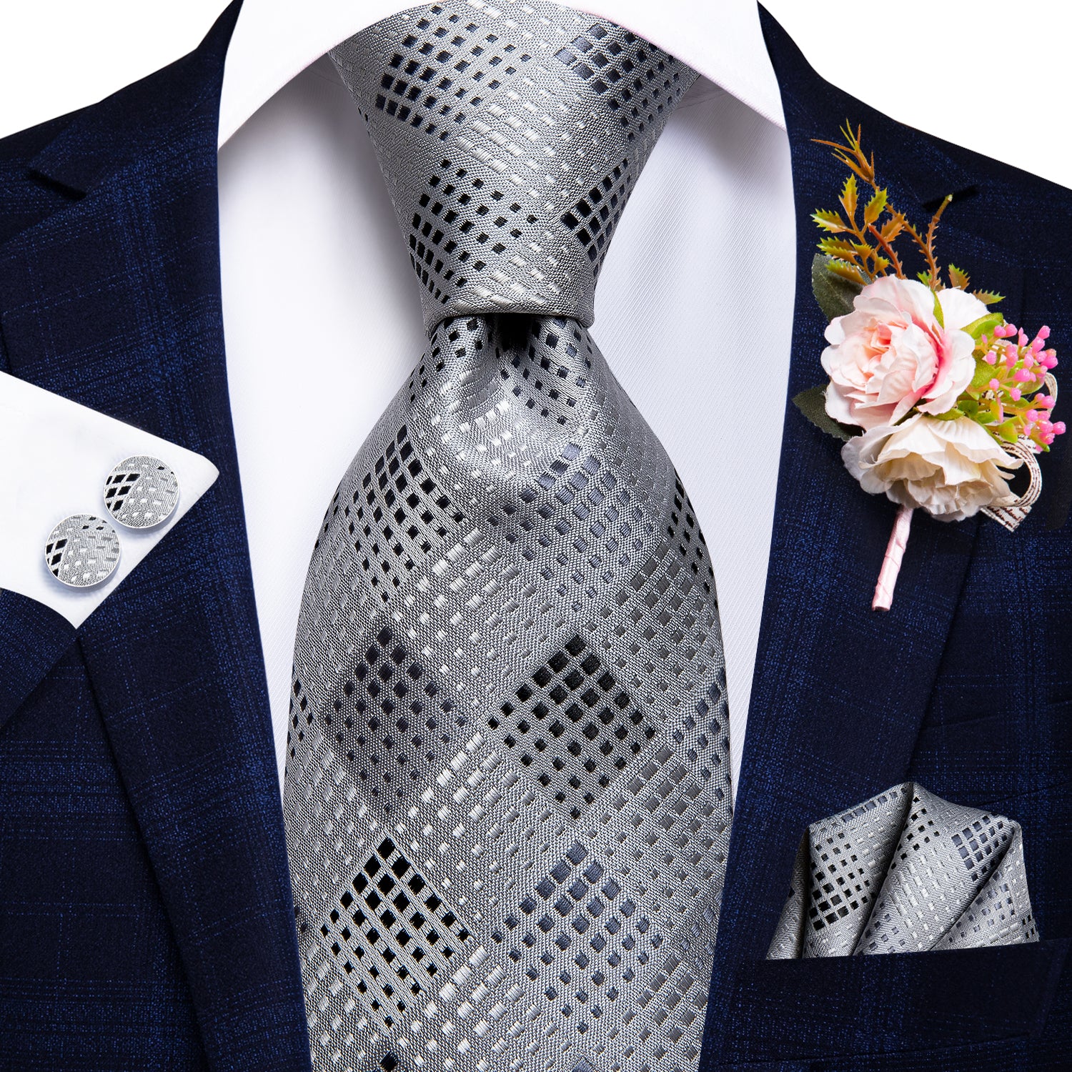 Silver White Plaid Tie Handkerchief Cufflinks Set with Wedding Brooch