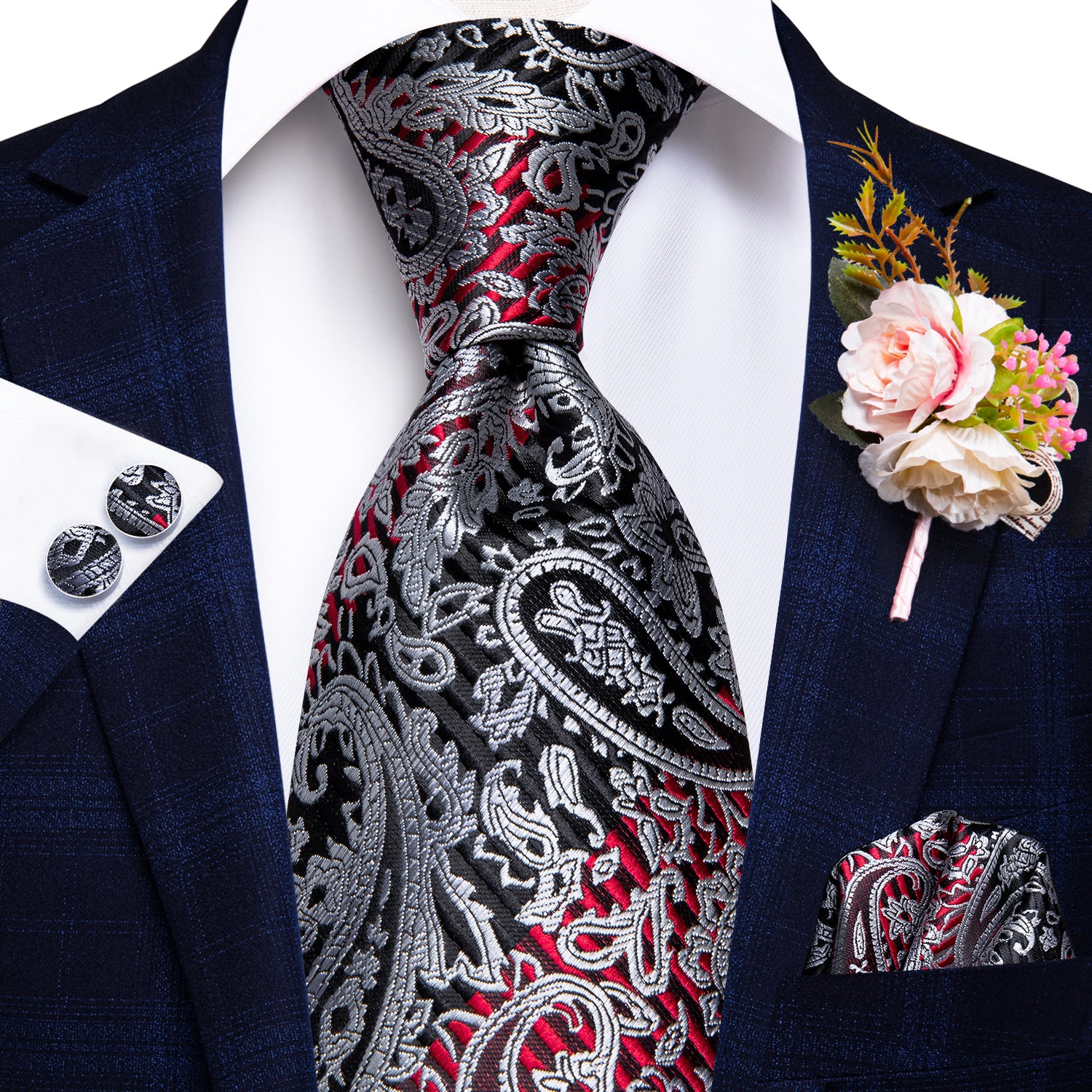 Silver Black Paisley Tie Handkerchief Cufflinks Set with Wedding Brooch