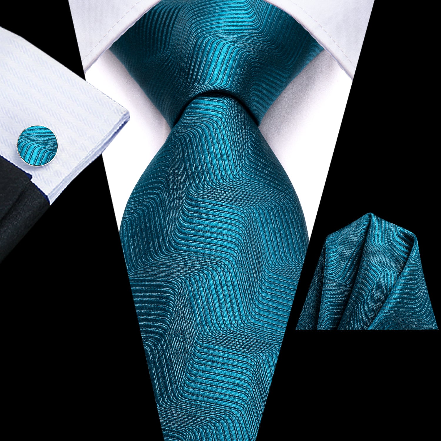 New Lake Blue Solid Tie Pocket Square Cufflinks Set