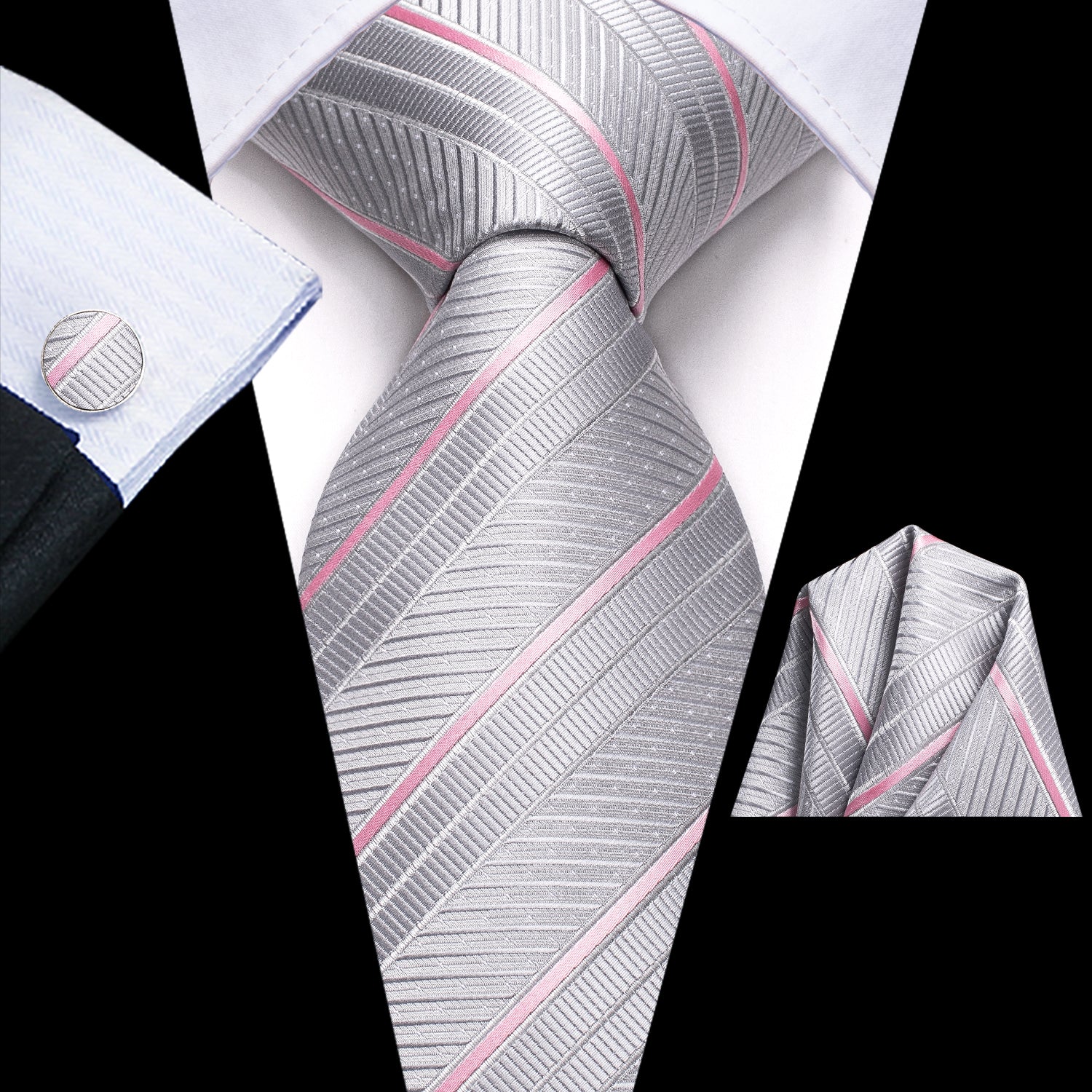 New Silver Pink Strip Tie Pocket Square Cufflinks Set