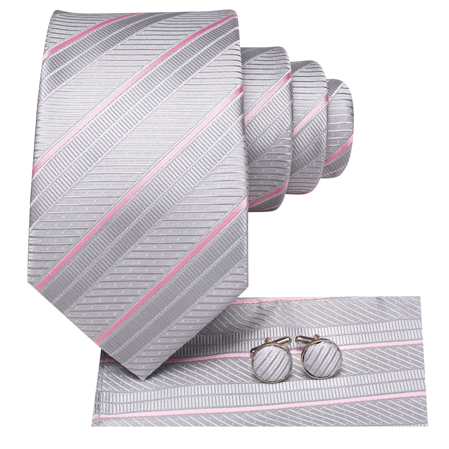 Silver Pink Strip Tie Pocket Square Cufflinks Set