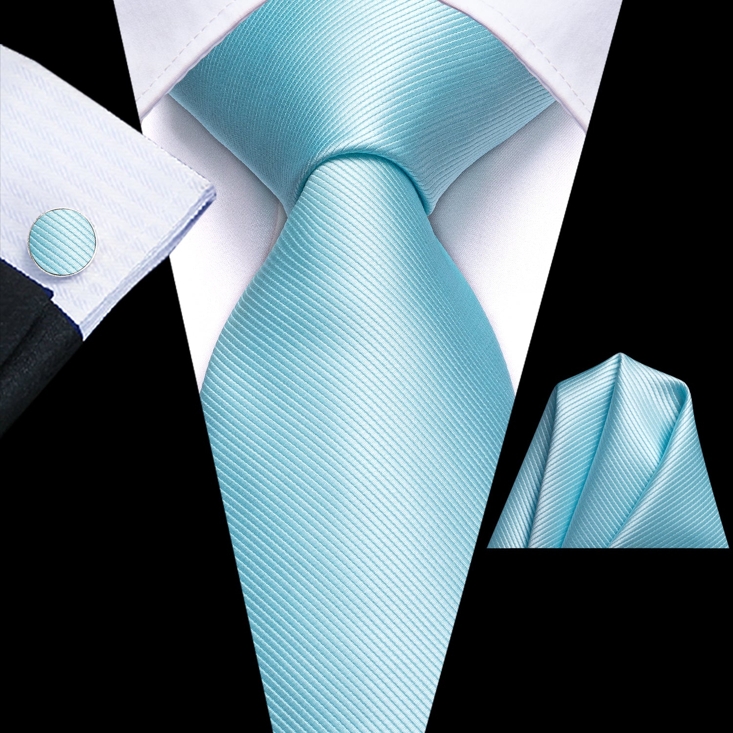 New Baby Blue Solid Tie Pocket Square Cufflinks Set