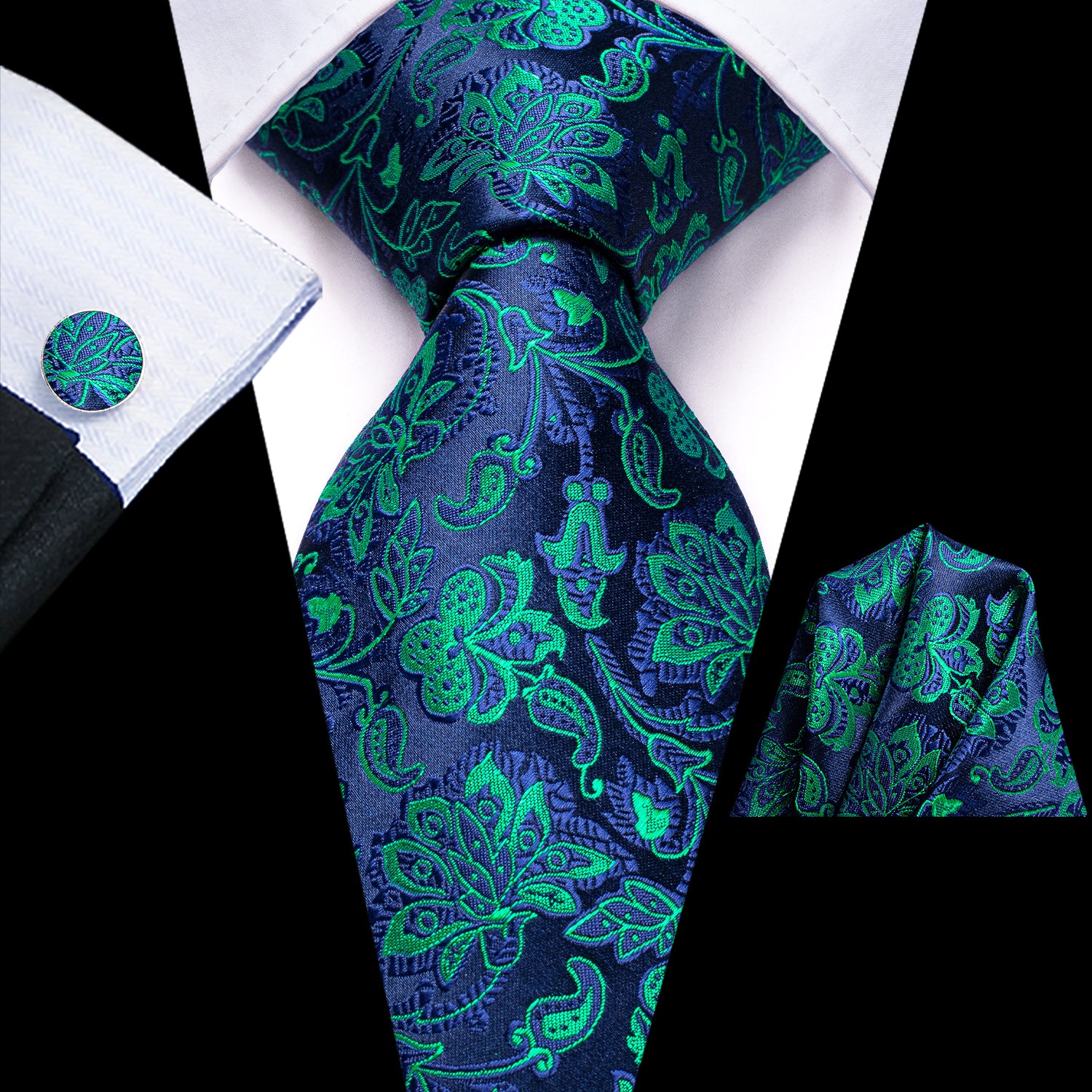 Navy Blue Green Floral Tie Pocket Square Cufflinks Set