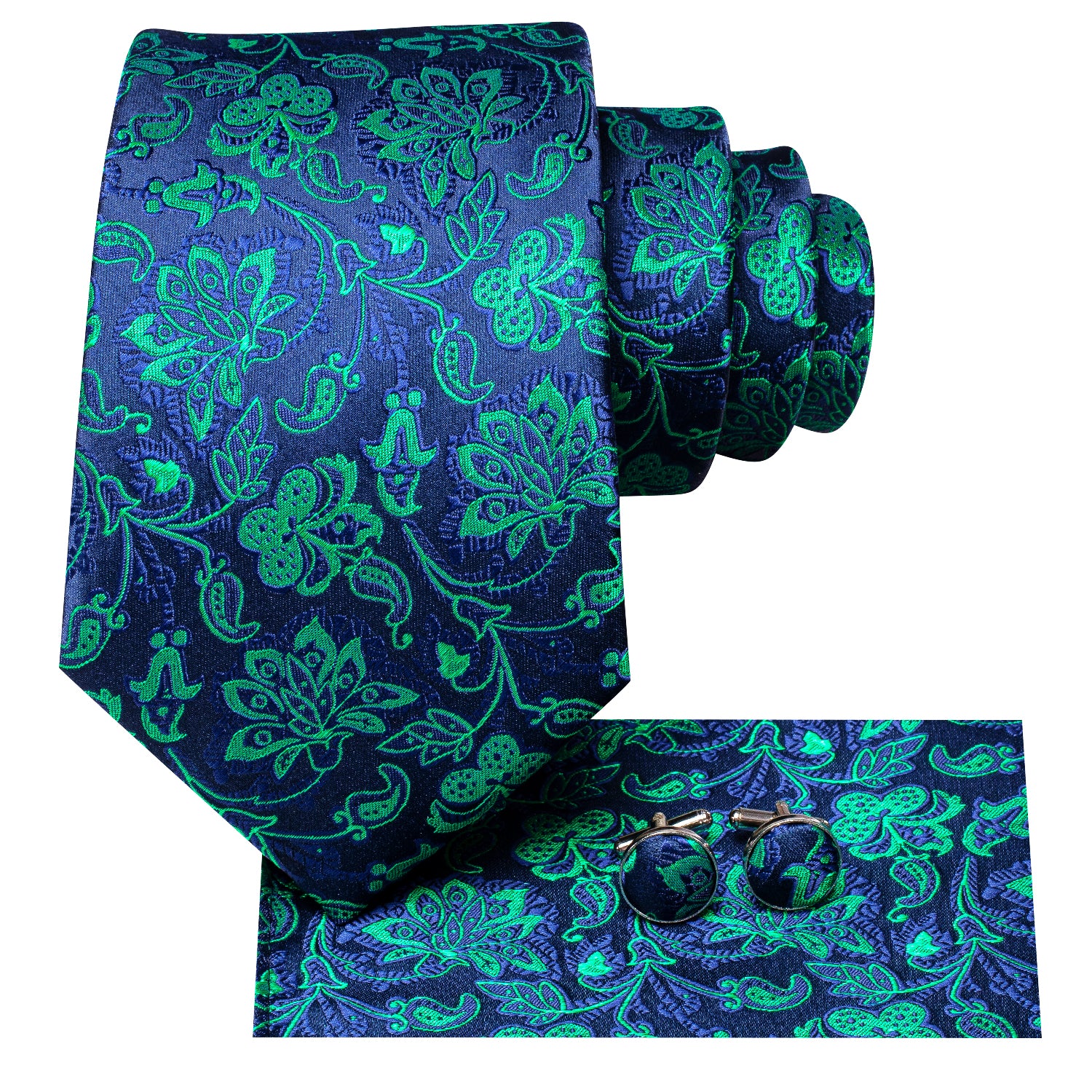 Navy Blue Green Floral Tie Pocket Square Cufflinks Set