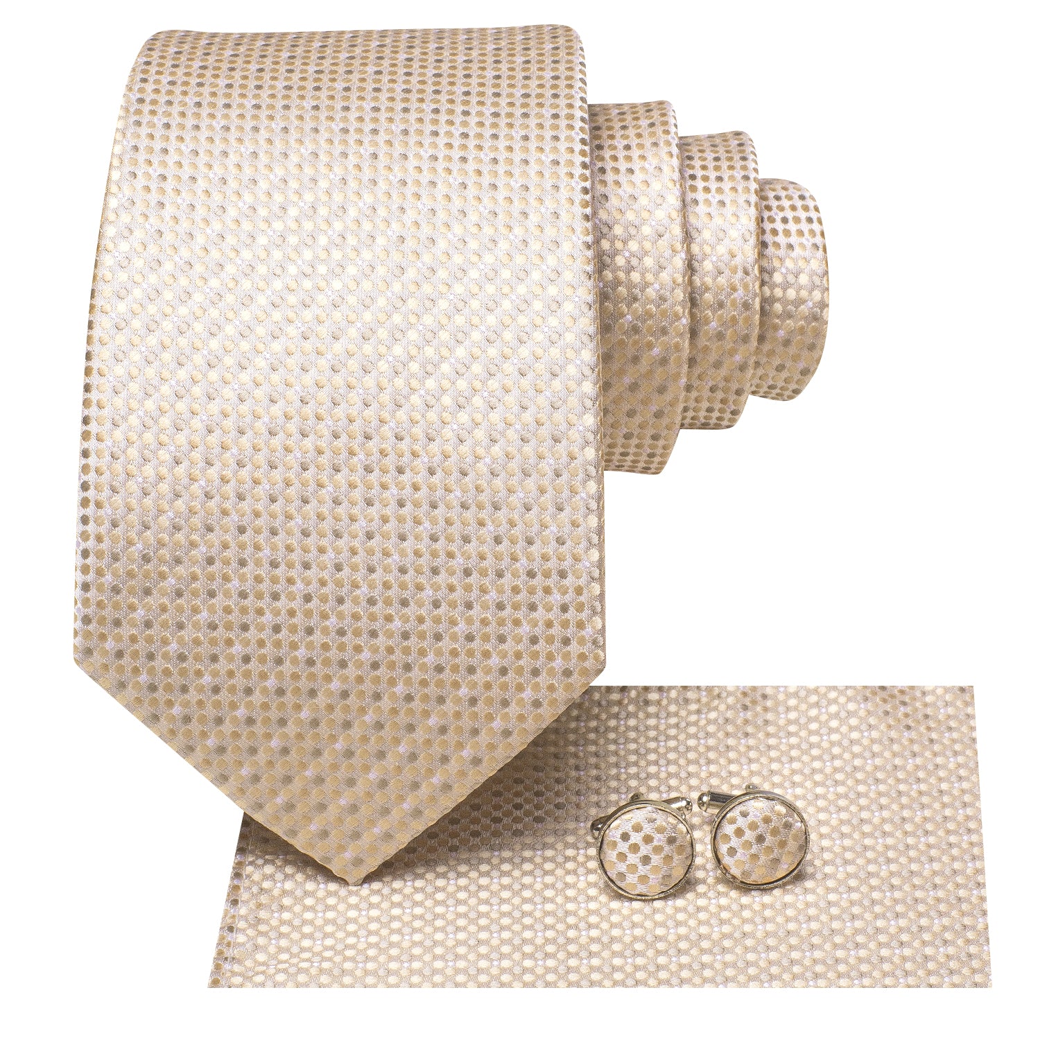Champagne Dot Silk Tie Pocket Square Cufflinks Set