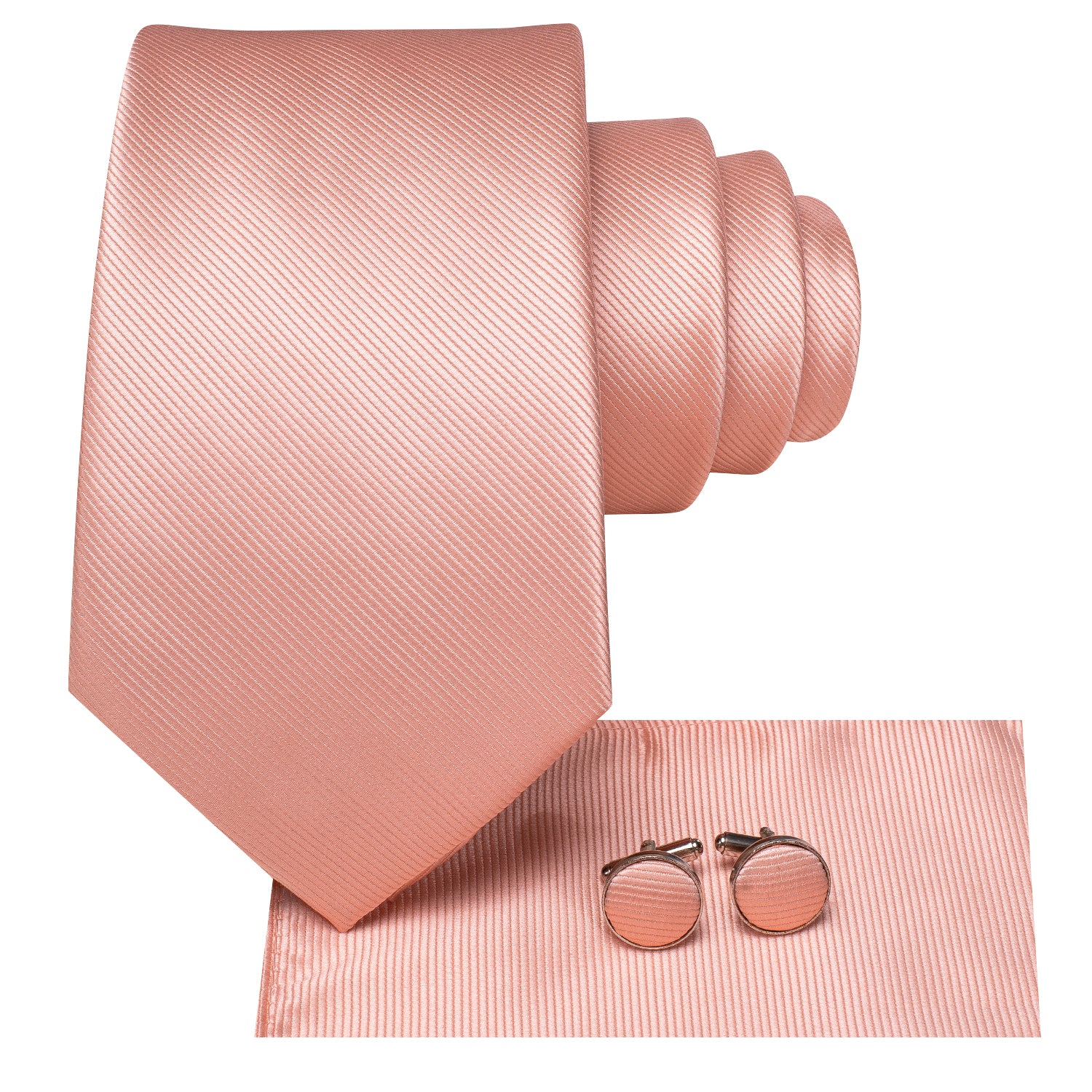 New Coral Pink Solid Tie Pocket Square Cufflinks Set