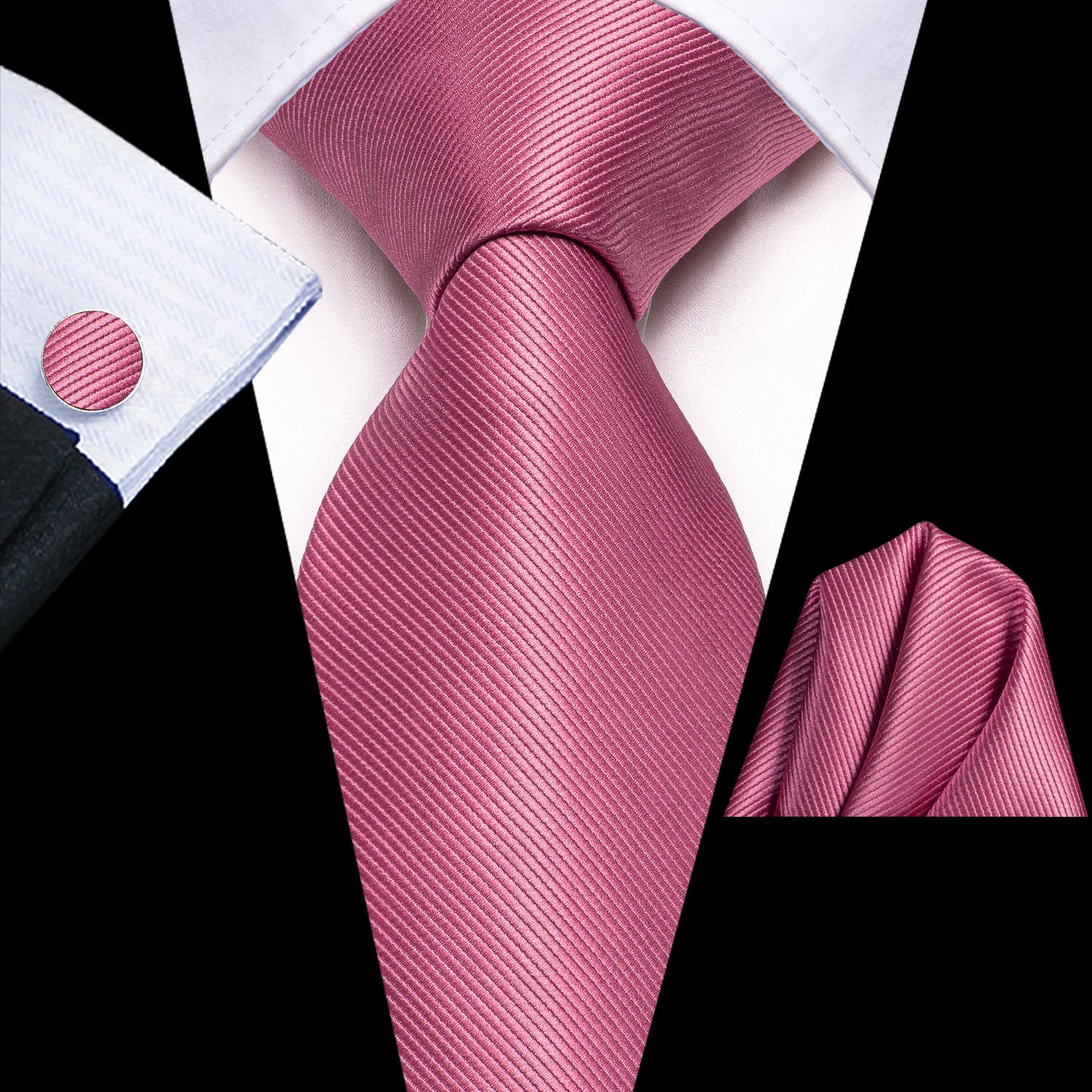Salmon Pink Solid Tie Pocket Square Cufflinks Set